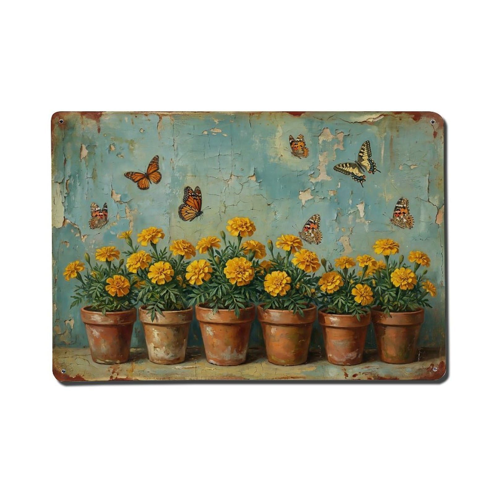 Vintage Rustic Flower Potted Plants Tagetes Metal Tin Sign
