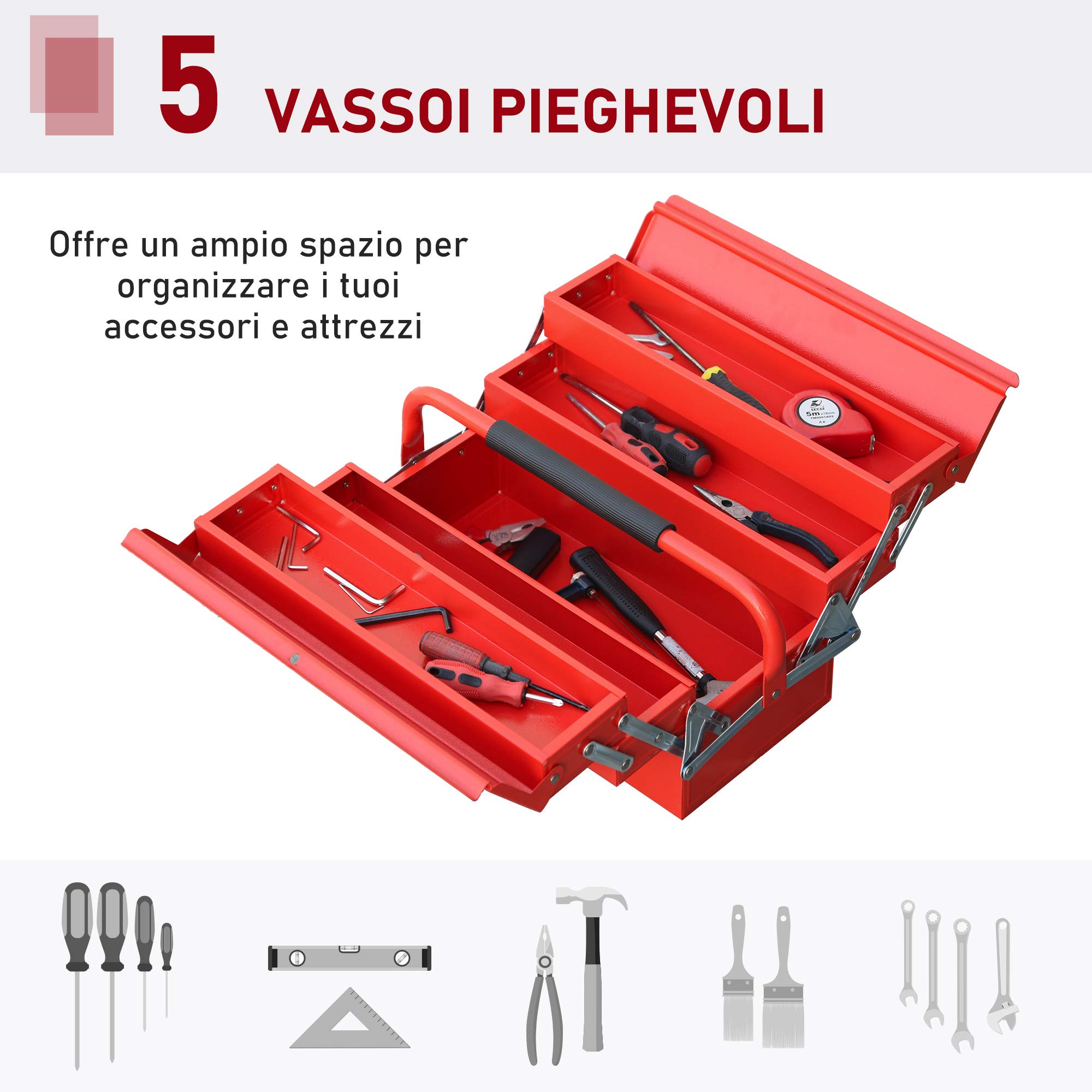 DURHAND Cassetta Porta Attrezzi in Metallo Pieghevole con 5 Vassoi, 3 Ripiani, Rosso