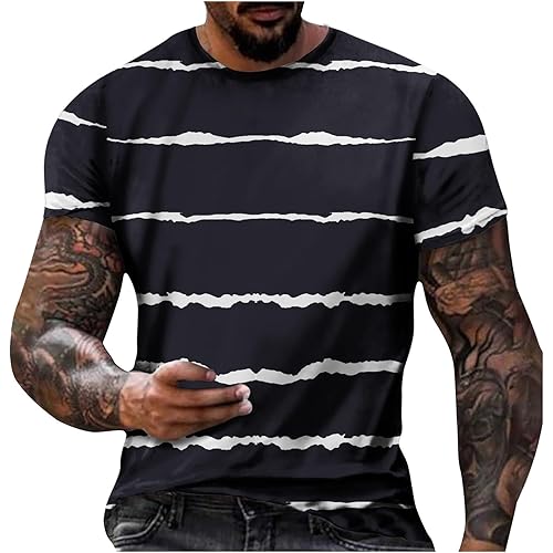 Men Shirts Casual Stylish Striped Short Sleeve Crew Neck Summer Muscle Fitness T Shirt Fashion Regular-Fit Shirt