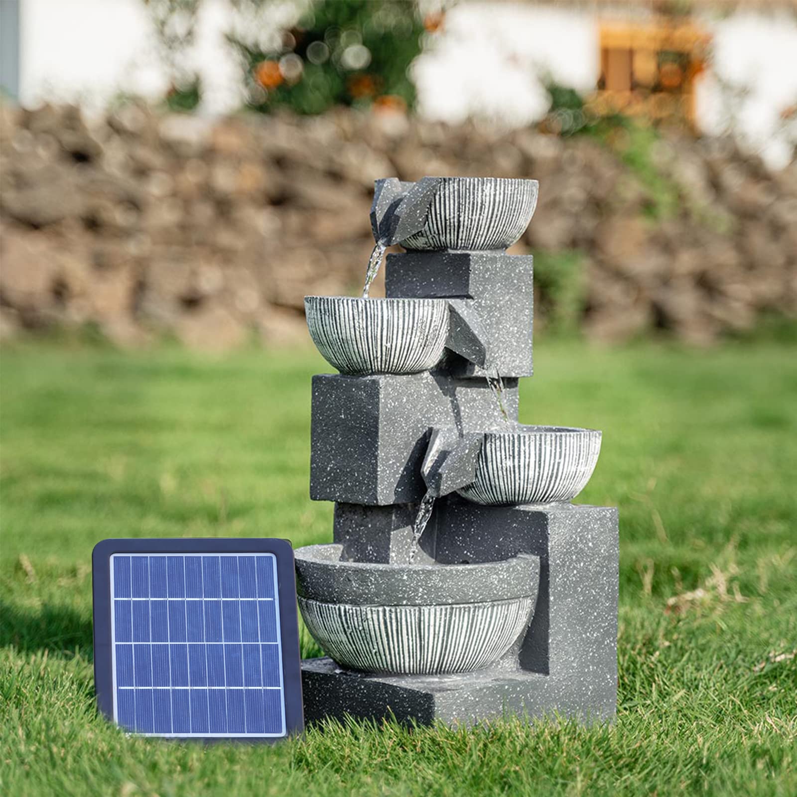 BTGGG Solarbrunnen für Draussen, 4-Stufiger Springbrunnen Solar mit LED Beleuchtung, Solar Springbrunnen für Außen, Gartenbrunnen Zimmerbrunnen Wasserspiel Solar für Garten, Terrasse, Balkon Deko