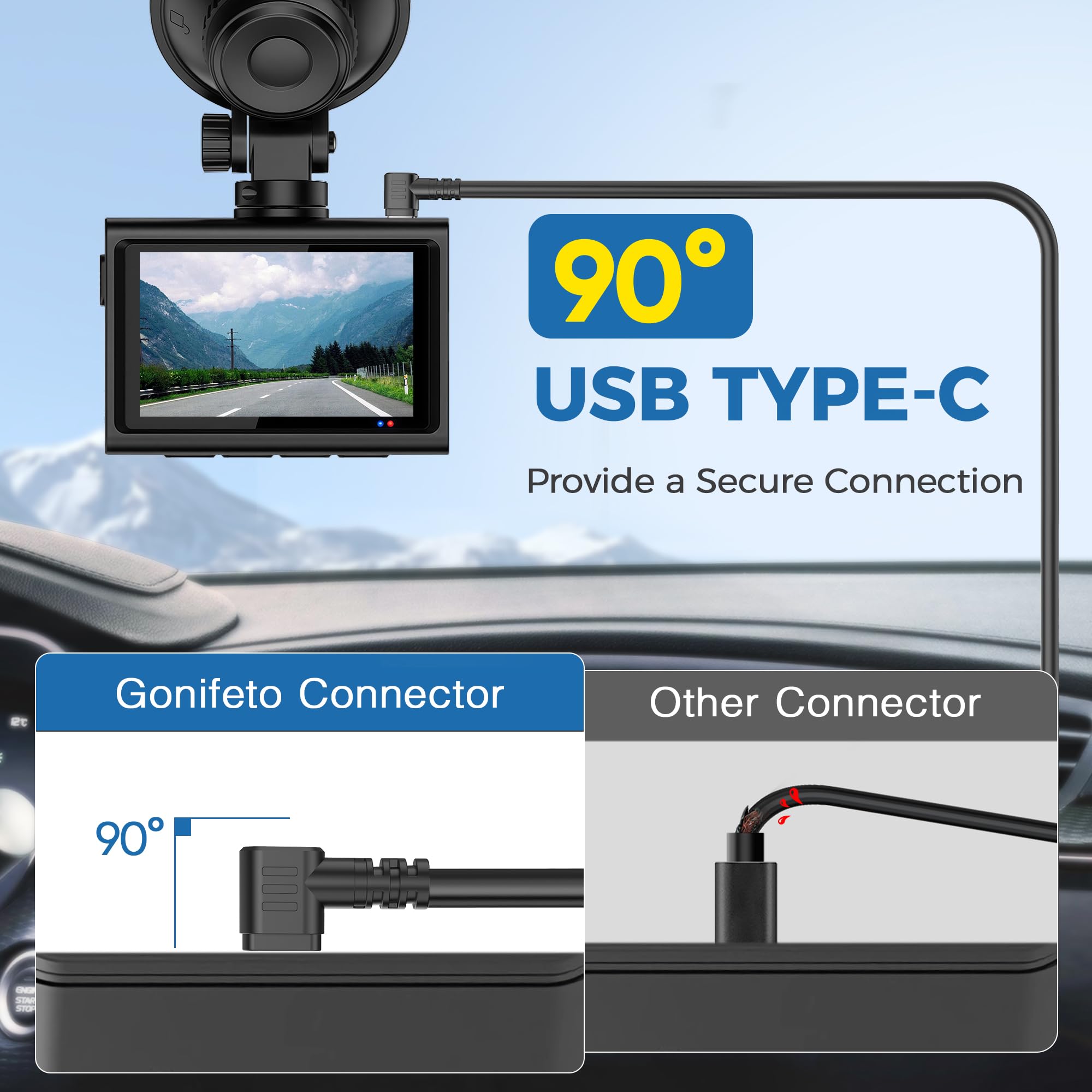Cable de cámara de salpicadero USB C para cámara de salpicadero, adaptador de ángulo de 90 grados tipo C, cable de alimentación para cámara de salpicadero con anillo de ferrita, cable de carga para
