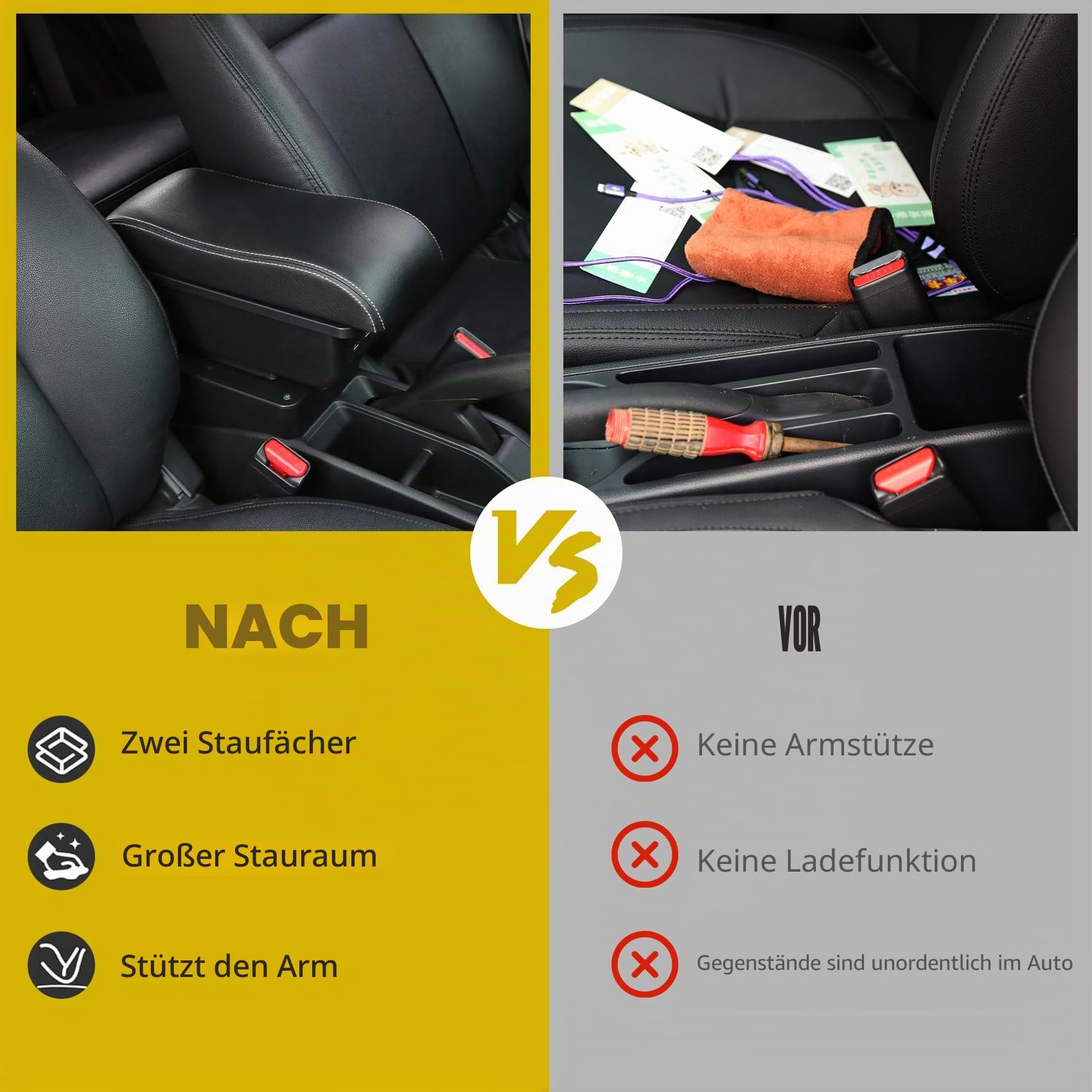 Auto Armlehne compatible with Peugeot 2008/208 Armlehnen 2019-2024 Armstütze Armauflage Zentraler Staukasten Schwarz mit weißen Nähten