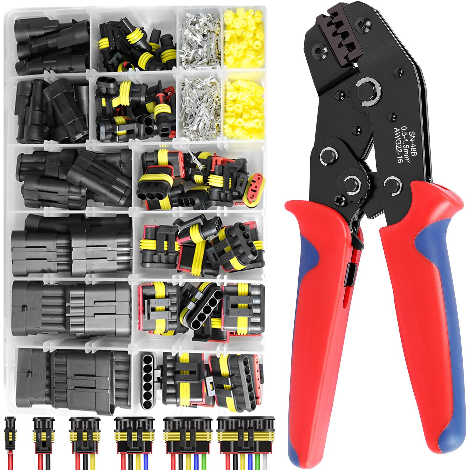 708 Pcs Automotive Electrical Connectors with Crimping Plier, 1/2/3/4/5/6 Pin Waterproof Cable Connector, Car Wire Terminals Plug Kit, Ratcheting Crimper Tools for Motorcycle, Scooter, Truck, Boats