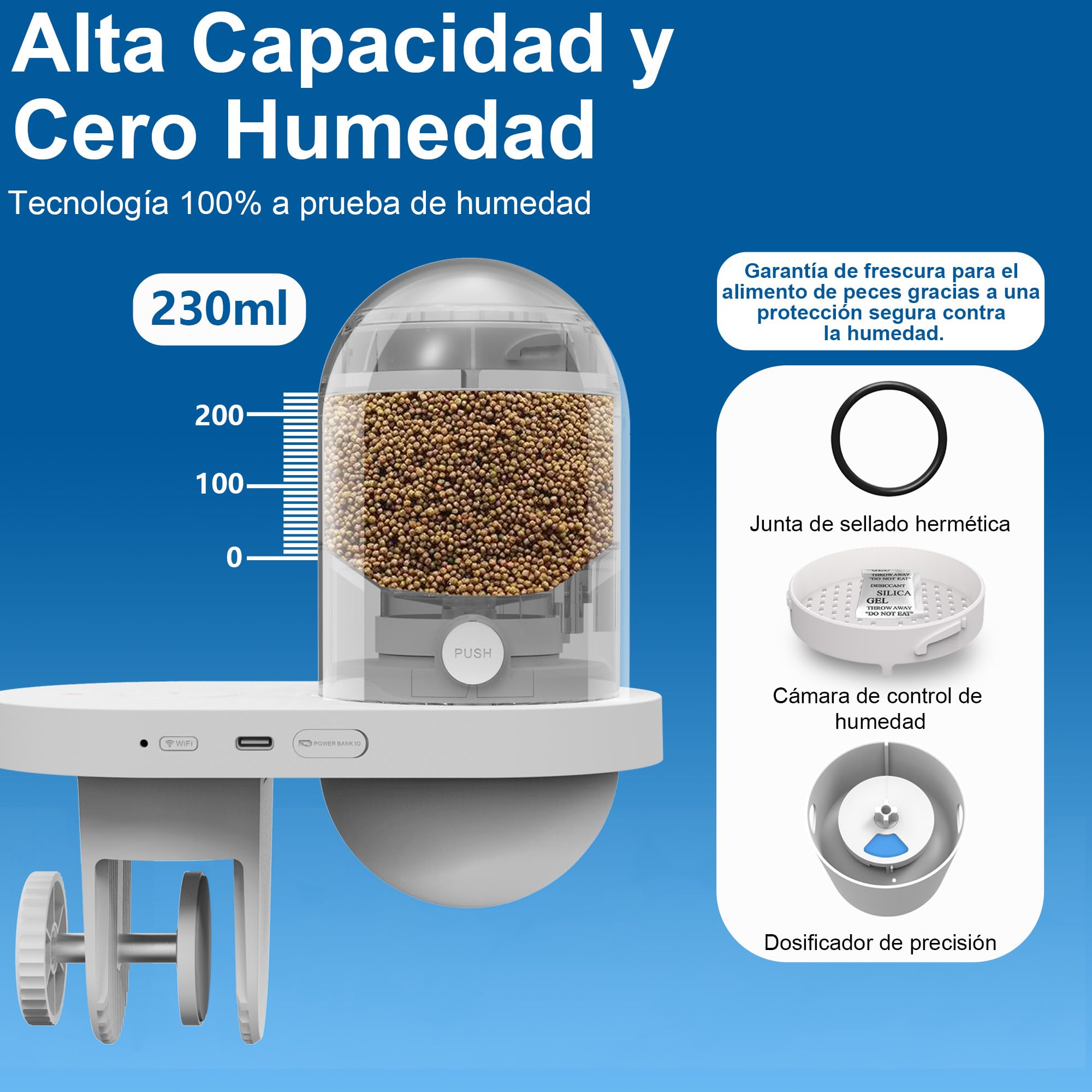 Comedero Automático Peces WiFi Smart, Cámara 2.5K, App 2.4/5G, Dosis 0,2g Cuidado Vacaciones, Depósito 230ML Anti-Vaho, Temporizador, Notificación, Acuario Marino, Agua Dulce y Tortugas