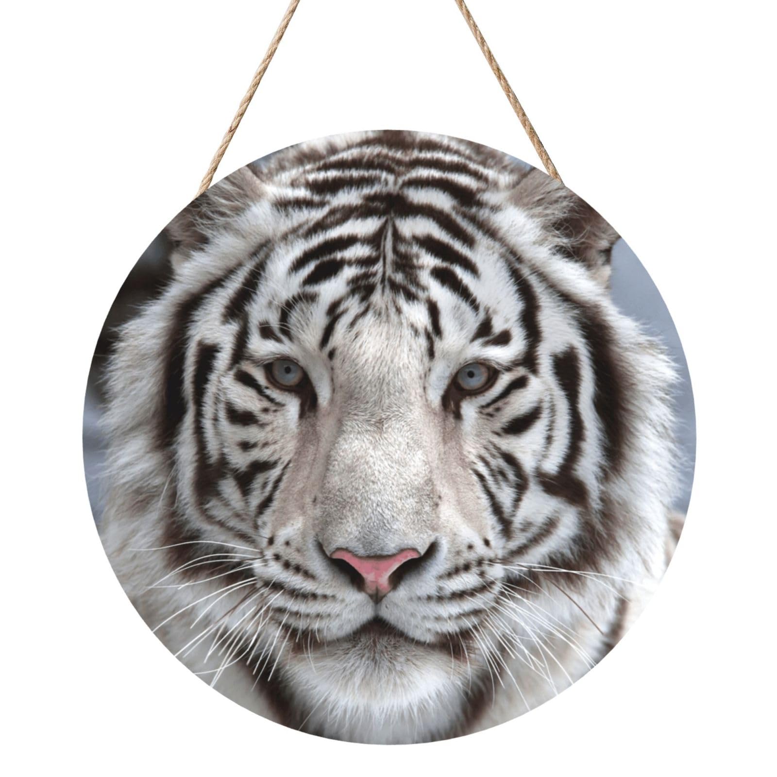 InOmak White Tiger, Round Wood Panel Painting 12 in, Wall Hanging Painting For Home