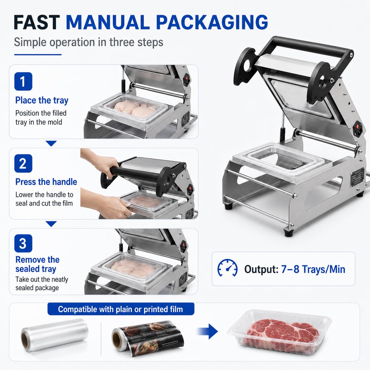 Termosigillatrice Manuale per vaschette di panini e pasti 18 * 12 | Il manico scorrevole richiede poco sforzo e agevola le attività ripetitive durante i periodi di maggiore lavoro.