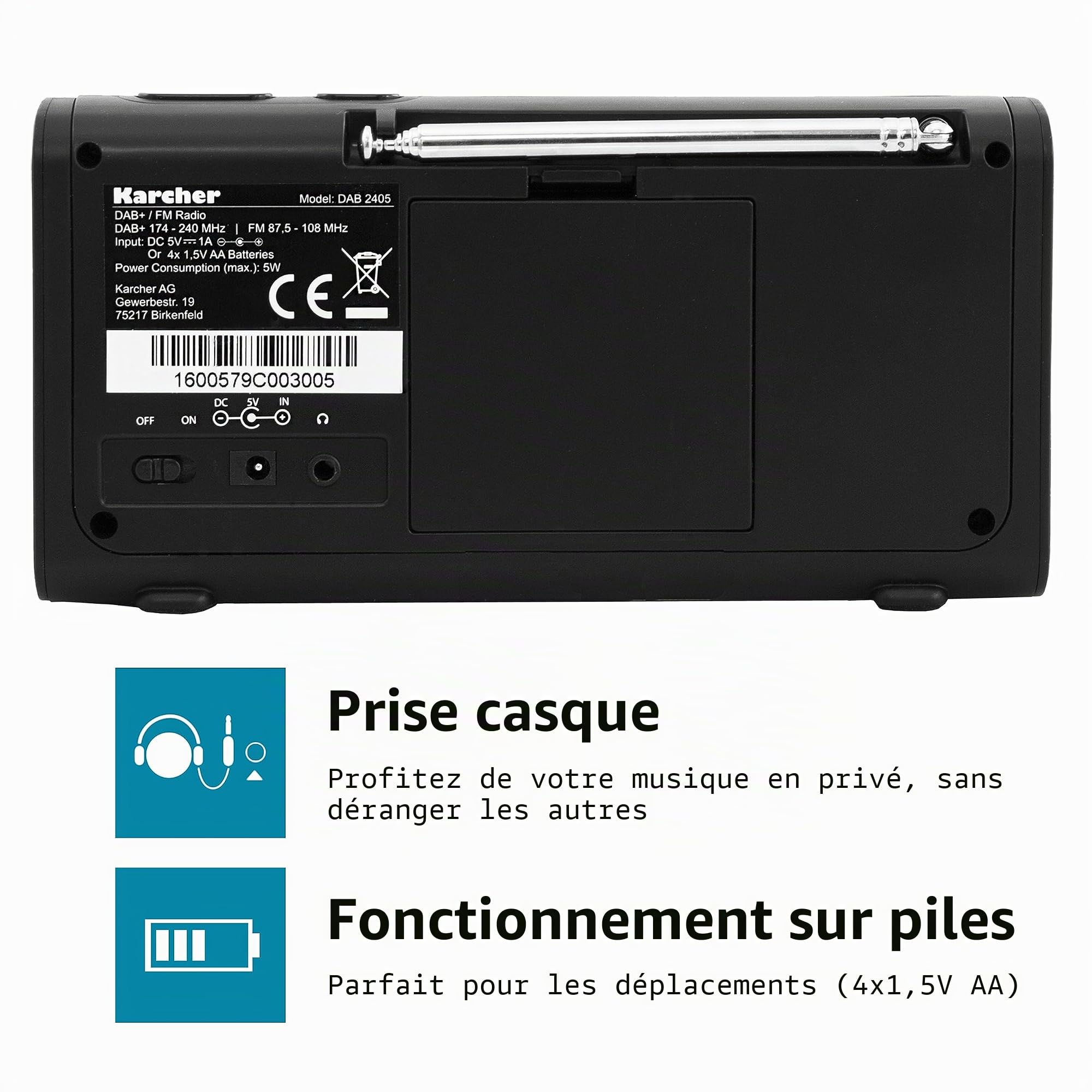 Karcher Dab 2405 Radio numérique Portable (Dab+ / Radio FM, réveil, écran LCD, Fonctionnement sur réseau/Batterie), Noir