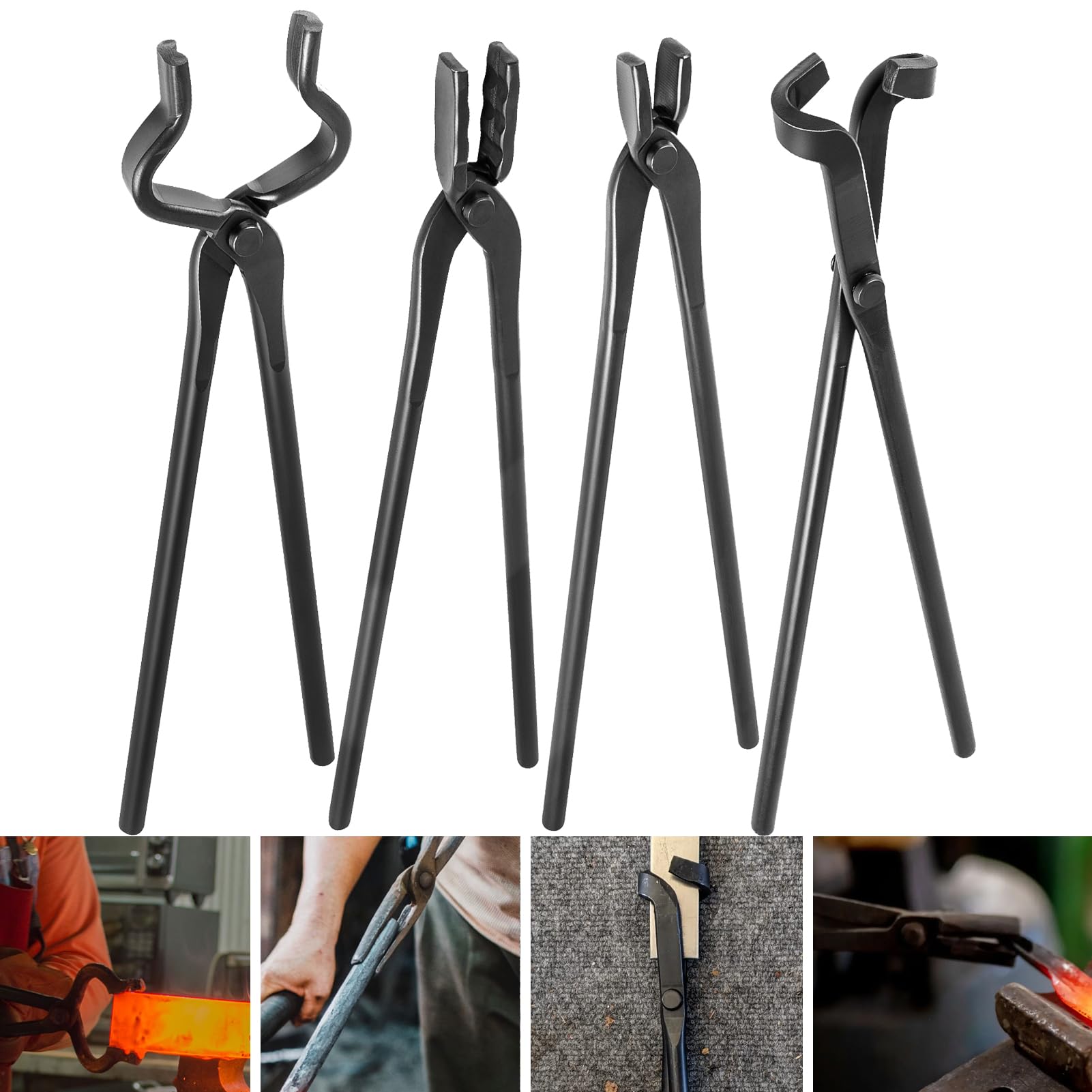 Blacksmith Tongs Set Knife Making Forge Tongs for Bladesmithing & Blacksmithing - 4 Tongs Tool Kit