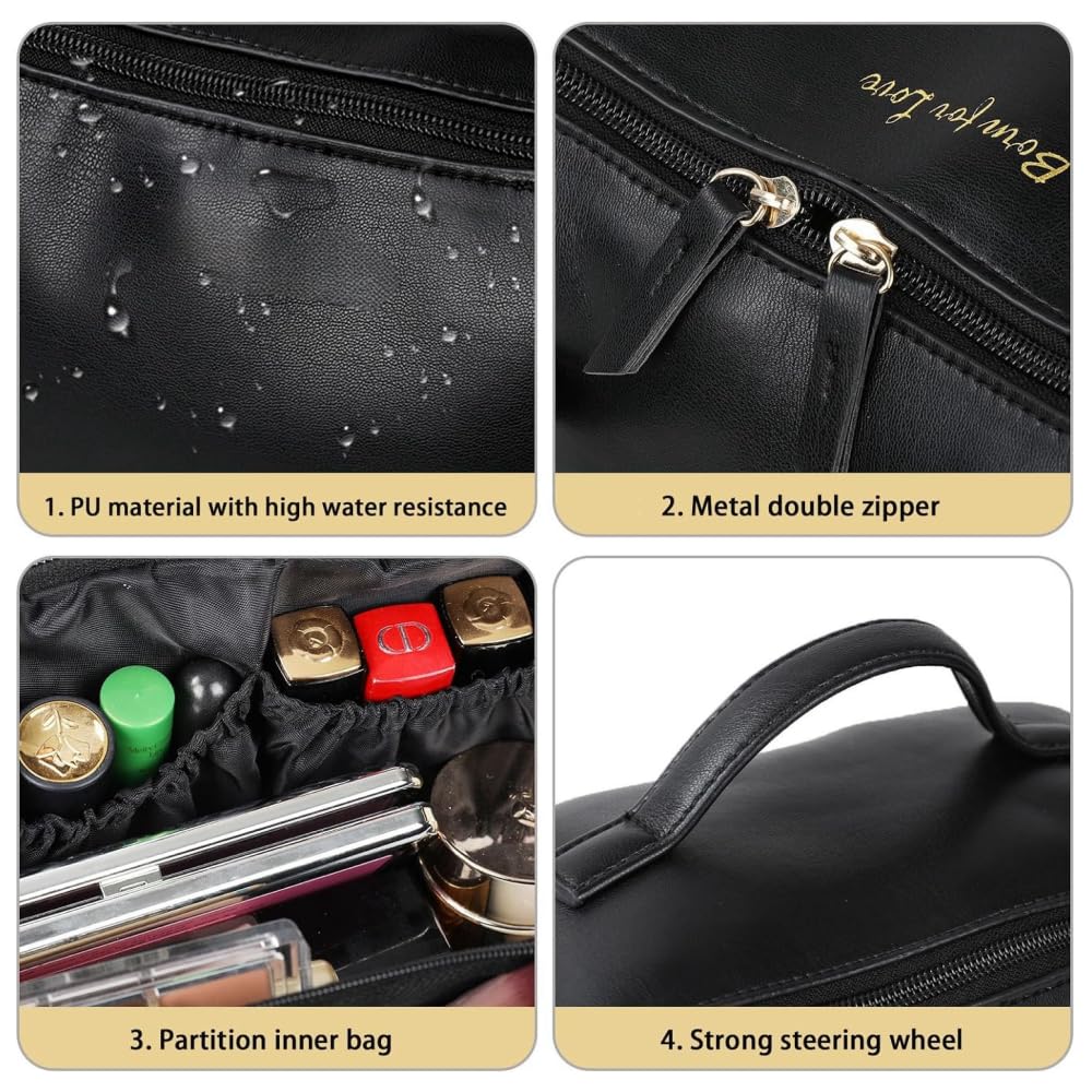 Large Travel Cosmetic Bag Cosmetic Organizer High Capacity Makeup Bag Storage Pouch PU Leather Makeup Box for Women Girls (Black) - Image 3