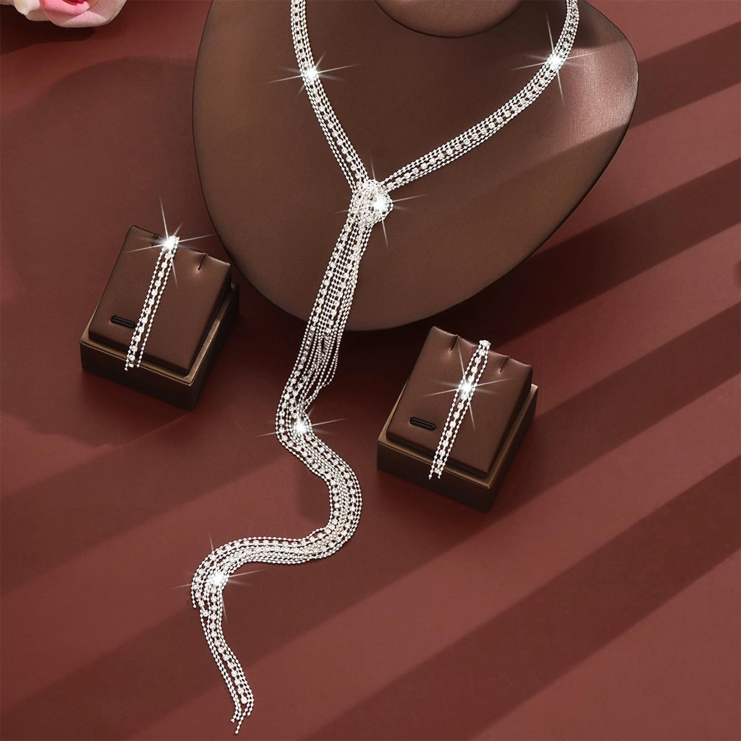 Rhinestone Bridal Wedding Jewelry Sets for Women Silver Long Crystal Knot Necklace Earrings Set Sweater Chain Formal Costume Jewelry for Dressy Party - Image 5