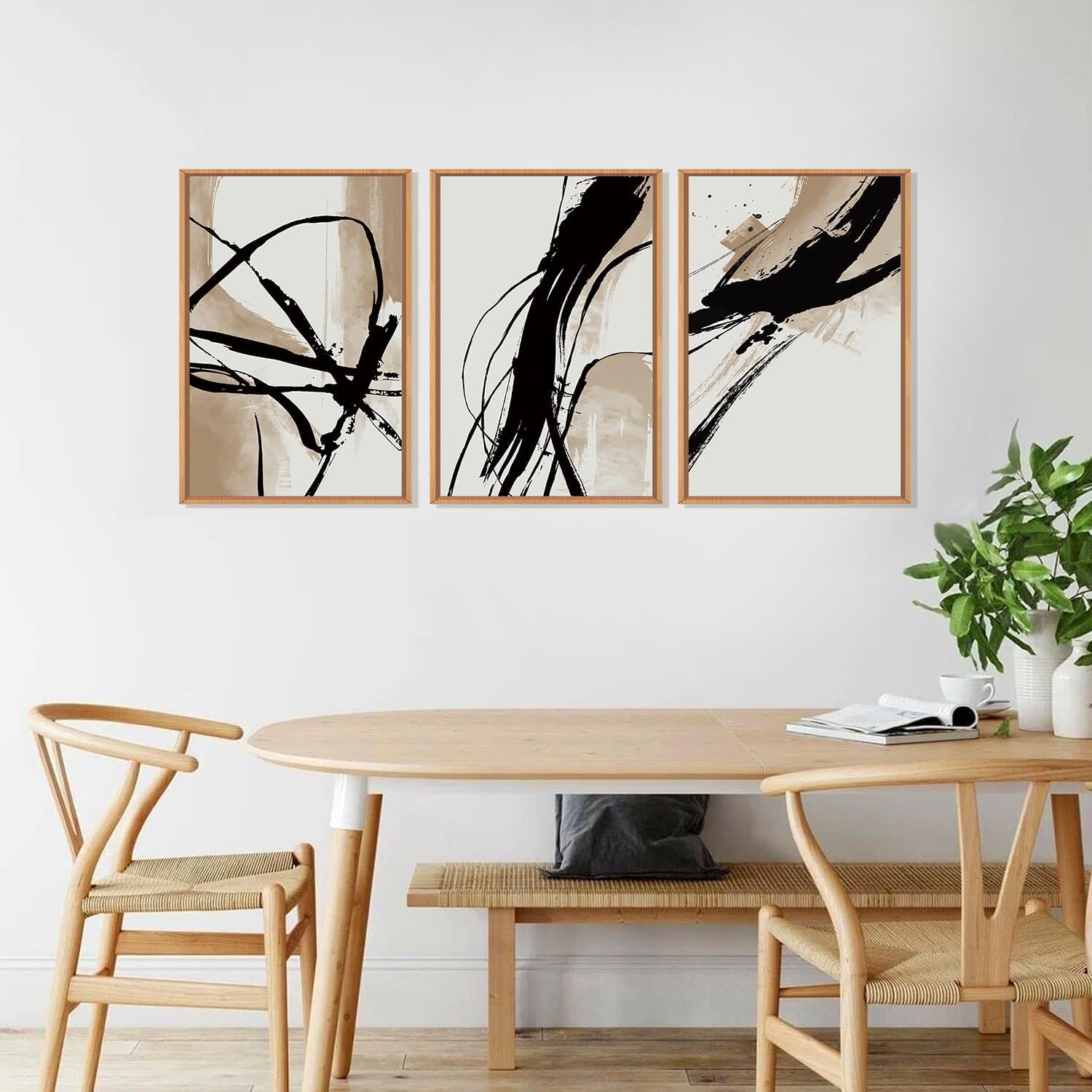 BINCUE 3 piezas Beige Abstracto Arte de Pared Sepia y Negro Pincelada Lienzo Mural, Beige Marrón Línea de Tinta Póster, Cuadros Abstractos Modernos con Marco Decoración de Pared para Salón, Dormitorio
