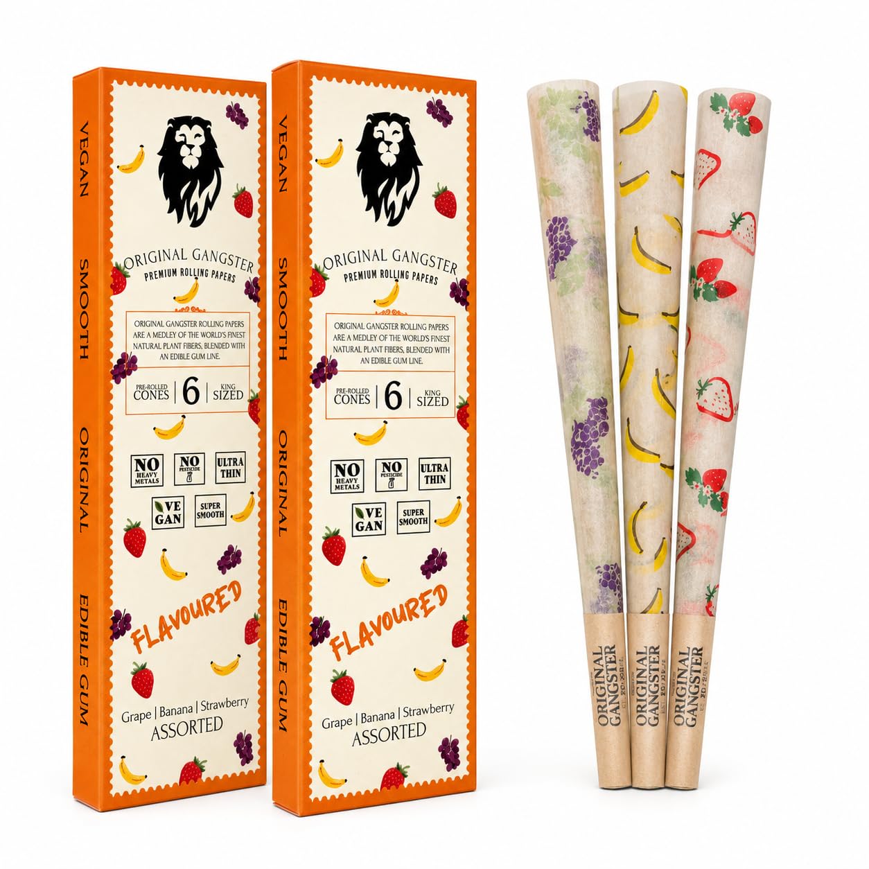 Original Gangster Flavour Rolling Paper King Size - Pack of 2 (6 Pre Rolled Cones Each) | Grape, Banana and Strawberry | Ultra-Thin, Super Smooth, Vegan-picture-13