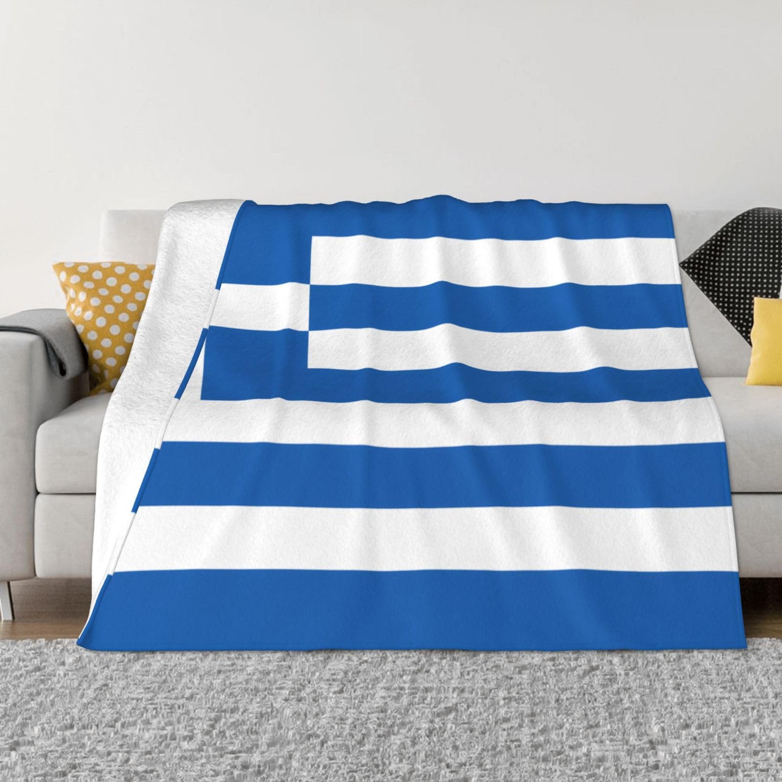 Couverture motif drapeau grec en flanelle pour cocooning sur canapé