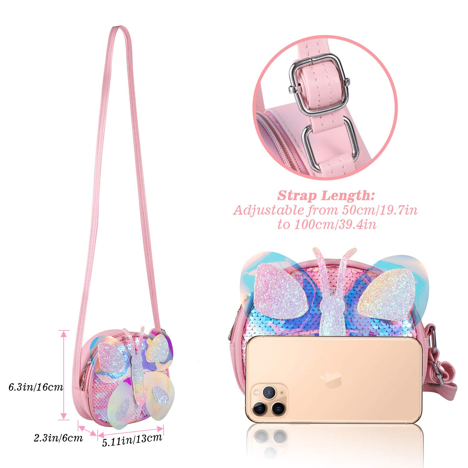 HIFOT Portmonetka z motylem dla małych dziewczynek z klipsem na kolczyki, pierścionki, naszyjnik, bransoletka, przebranie, zestaw biżuterii, torby crossbody, prezenty na przyjęcie dla dzieci, prezent