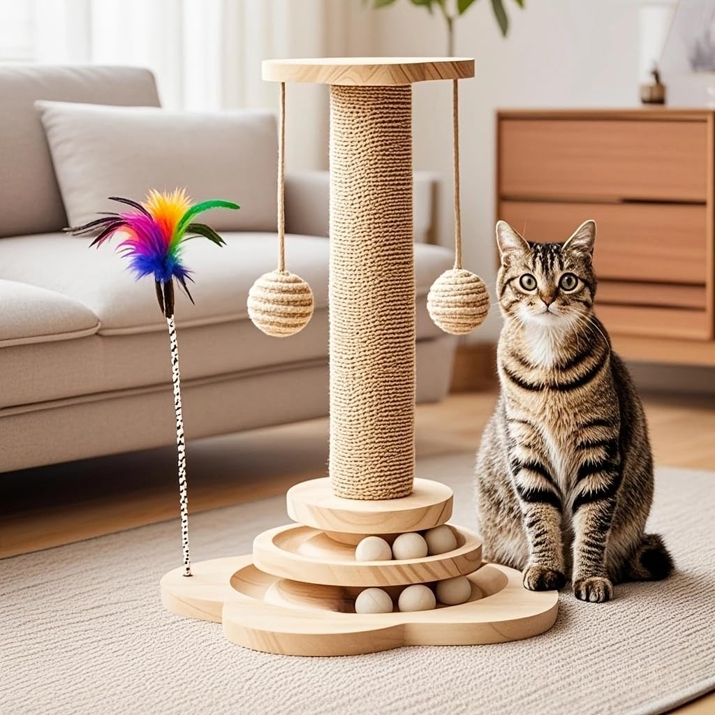 Tiragraffi per gatti alto 50 cm, per gatti da interni e adulti, con palla sospesa e palla in legno interattiva in corda in sisal per gatti