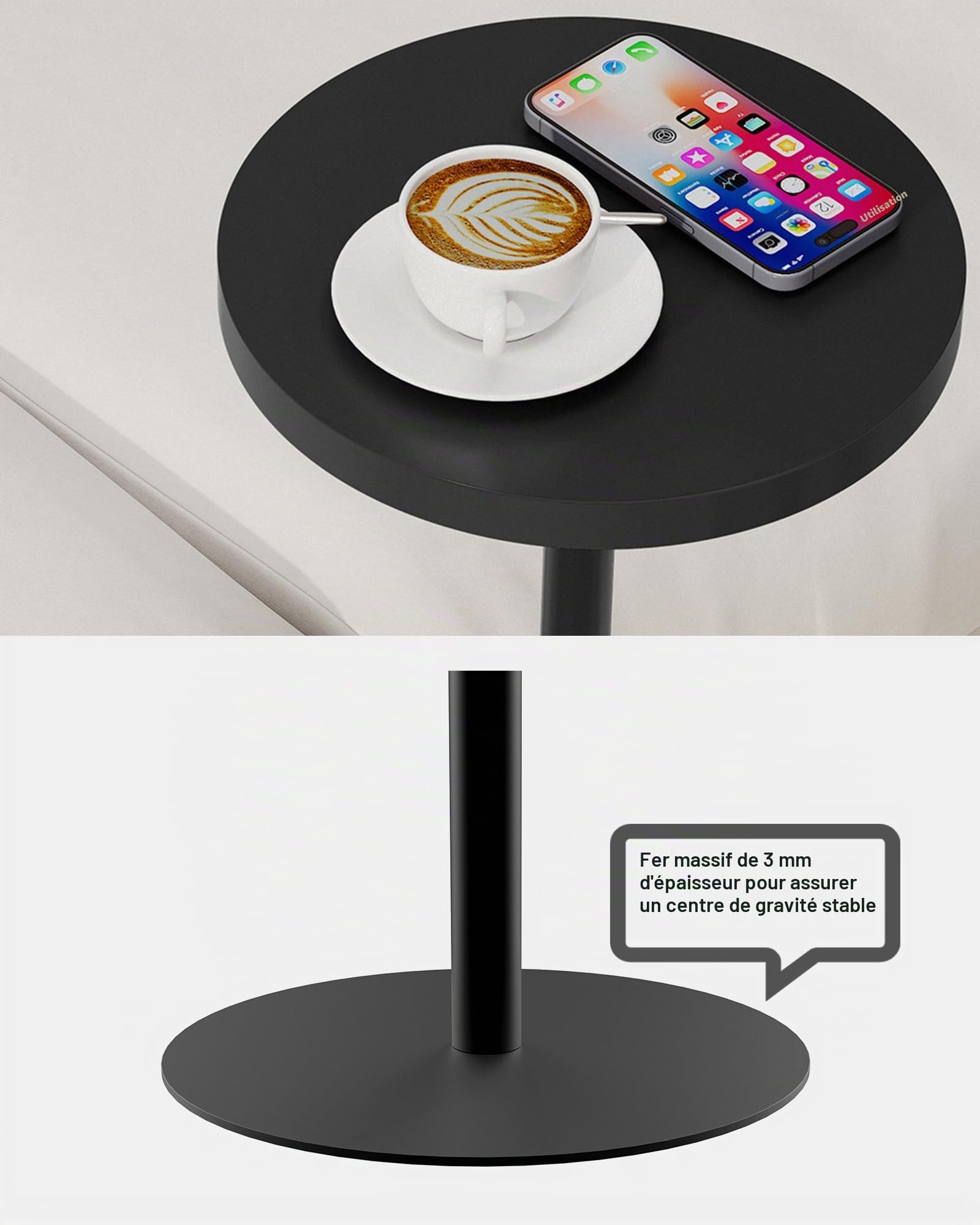 TUTOTAK V1TB01BK0652EU Lot de 2 petites tables d'appoint rondes et hautes Noir