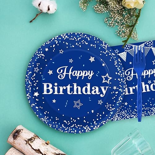 Miniatura 5 de Tevxj - Juego de vajilla para fiesta de cumpleaños, 96 piezas en azul marino y plata, platos desechables, servilletas, tenedores para 24 invitados,