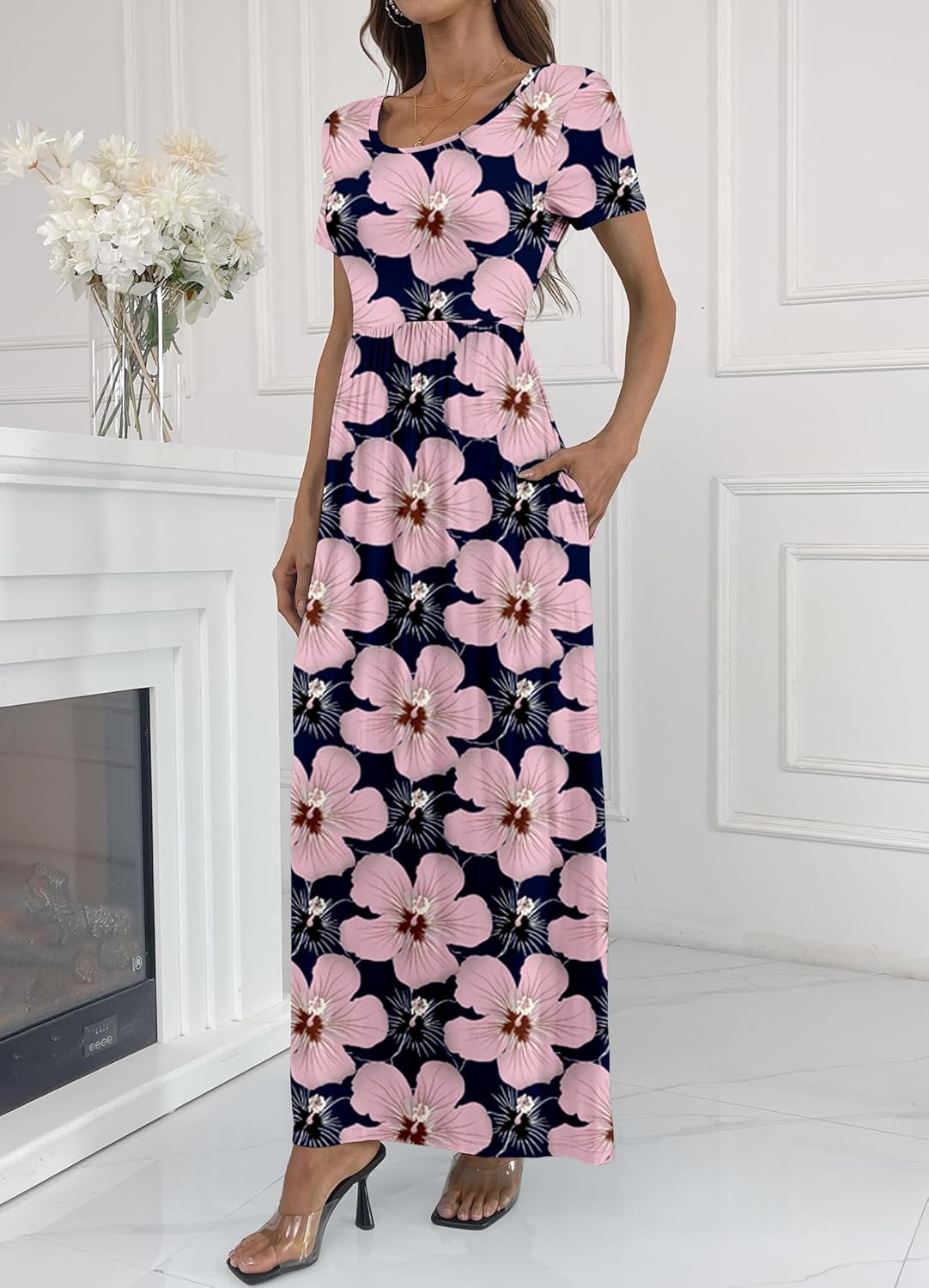 HAOMEILI Women's Short Sleeve Loose Floral Maxi Dresses Casual Long Dresses with Pockets S-Blue-Flower - Image 2