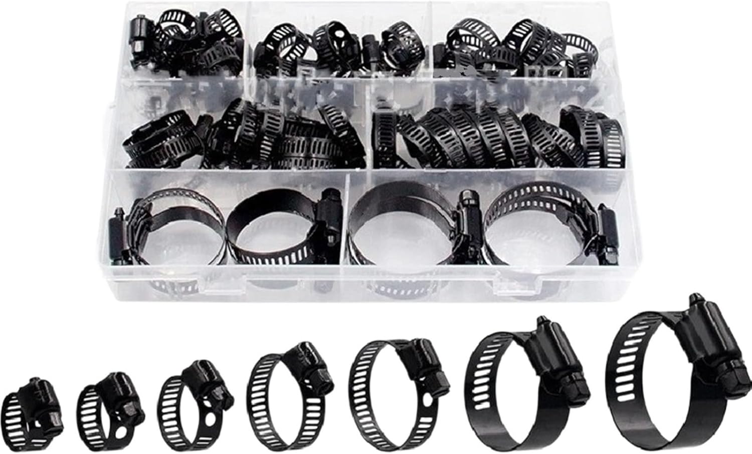 60Pcs 1 Set Clamps Stainless Steel Adjustable 6-38mm Range Worm Gear Black Hose Clamps Kit Clamps for Wood working Spring Clamp Pipe Clamps