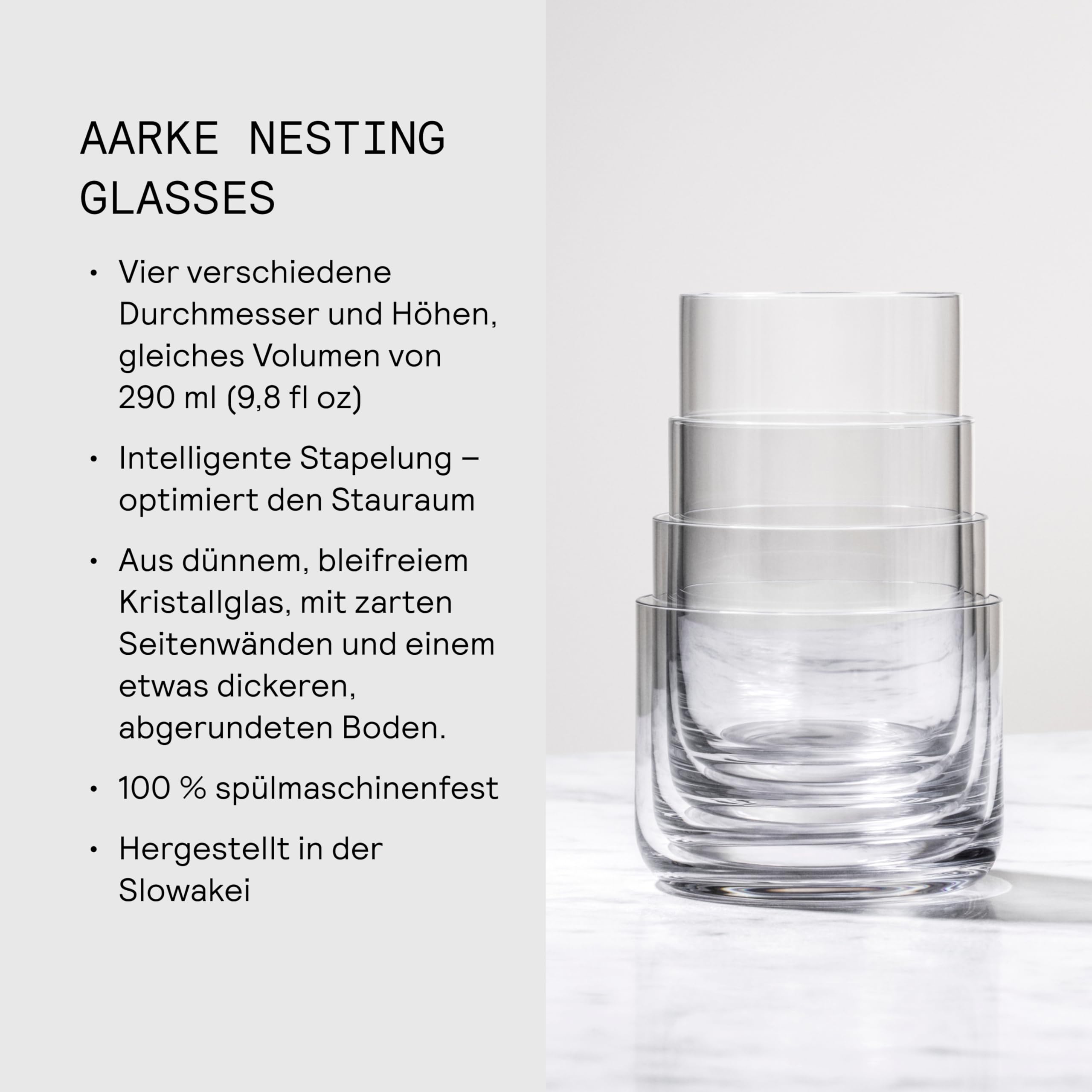 aarke Nesting Glasses, 4 x 290 ml, Verres en Cristal, Lavable au Lave-vaisselle
