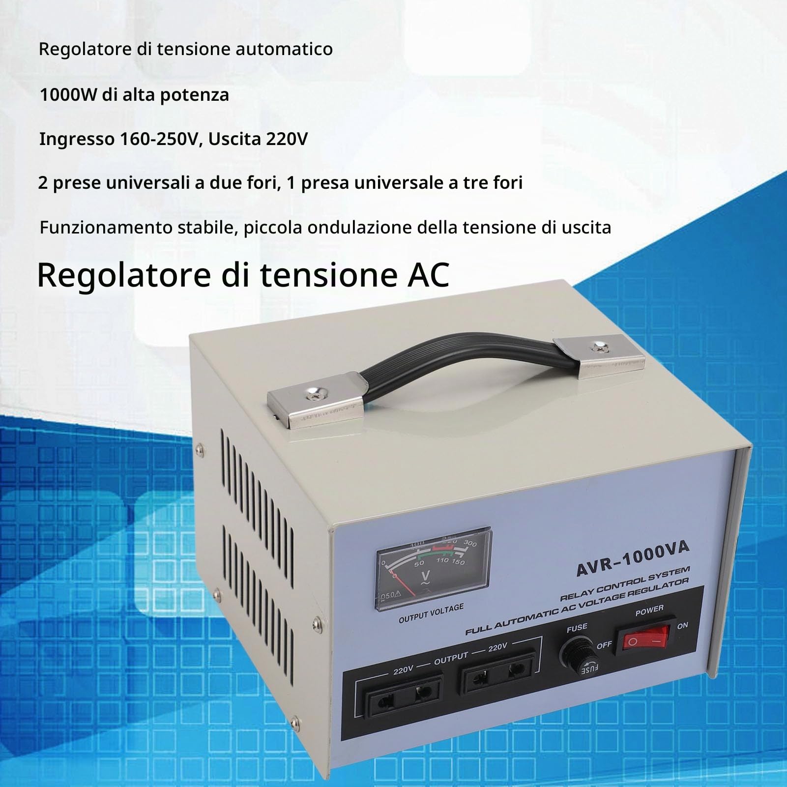 Stabilizzatore di Tensione Automatico con 2 SAFE WIRE Regolatore di Tensione CA Variabile 1000 W Ingresso 160‑250 V Trasformatore Variabile di Uscita 220 V 3 Prese (Spina europea)