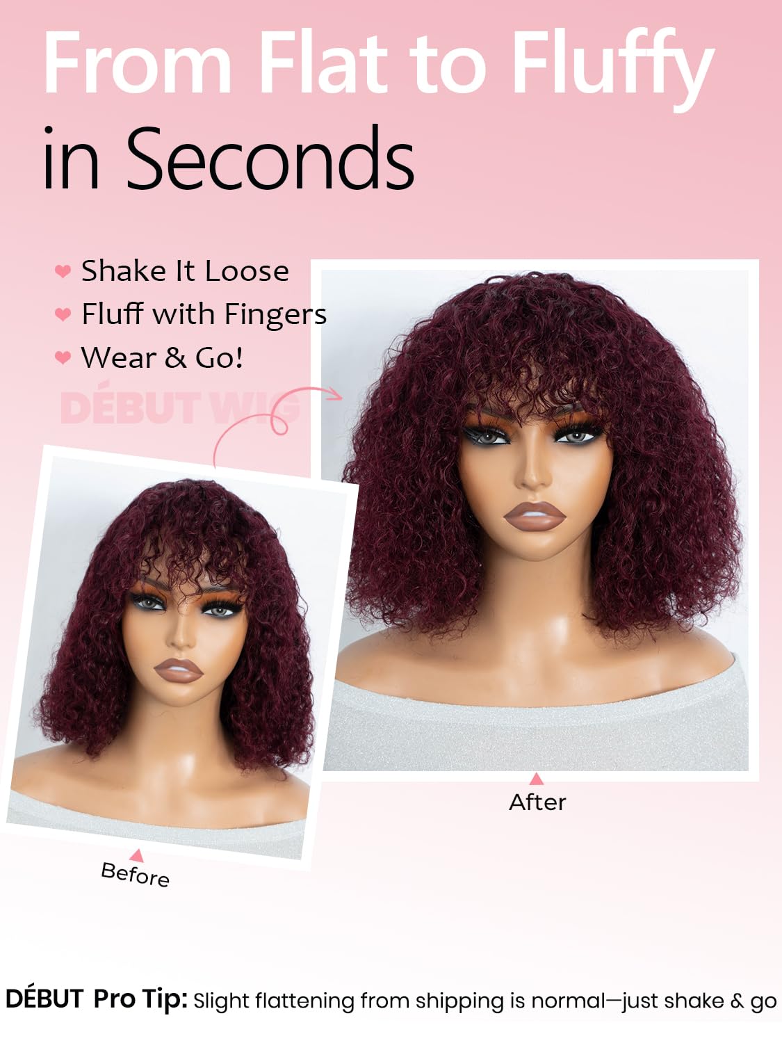 Short Curly Wig 100% Human Hair with Bangs 12 Inch Water Wave Glueless Wear and Go Bob Wig High Density 99J Burgundy