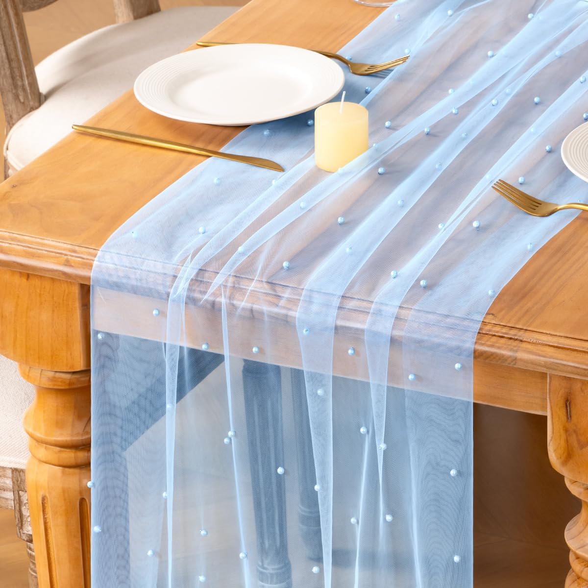 MLMC Blue Pearl Table Runner Sheer Tulle Gauze Table Runner 10Ft, 3 Pack | Boho Rustic Beaded Gauze Table Runner Lightweight Cheese Cloth Centerpiece for Wedding Events Home Decoration 29"x120"
