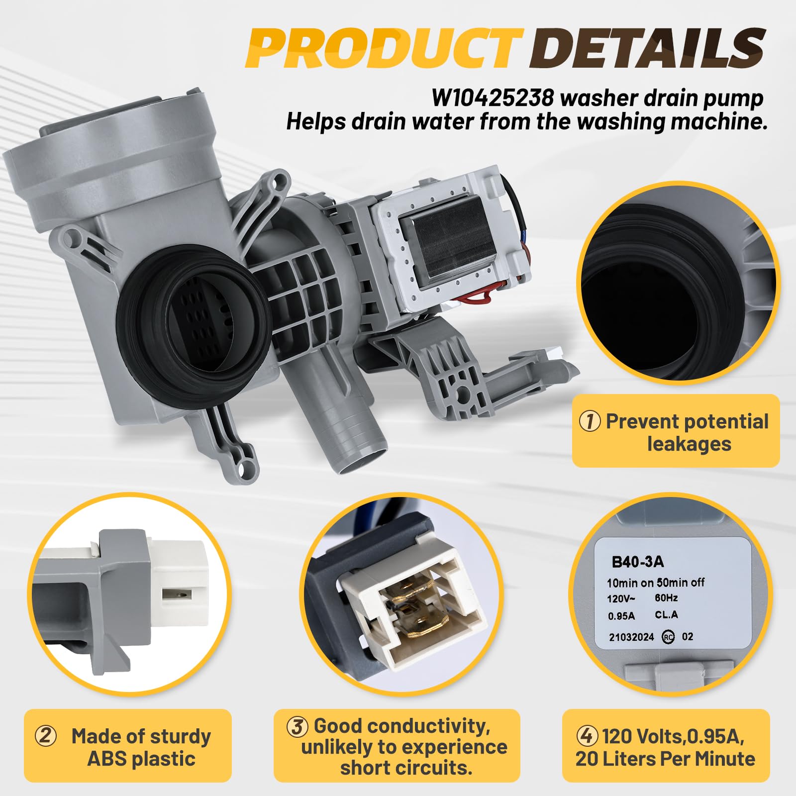 Condition photo showing New/Like New for WPW10605427 W10425238 Washer Drain Pump (OEM) Intended for Whirlpool Drain Pump WFW75HEFW0 WFW72HEDW0, Fit for Maytag Washer Drain Pumps, WPW10605427 Replace W10605427 WPW10425238 W10799064 W10799065