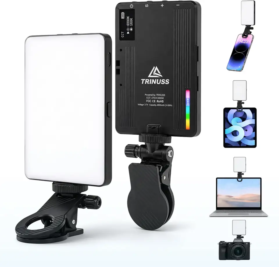 Luz Para Gravar Vídeo Portátil LED RGB para Celular e Notebook com Clipe Ajustável | Iluminação para Vídeos, Lives, Reuniões Online, TikTok, Instagram, YouTube e Videoconferências USB Recarregável