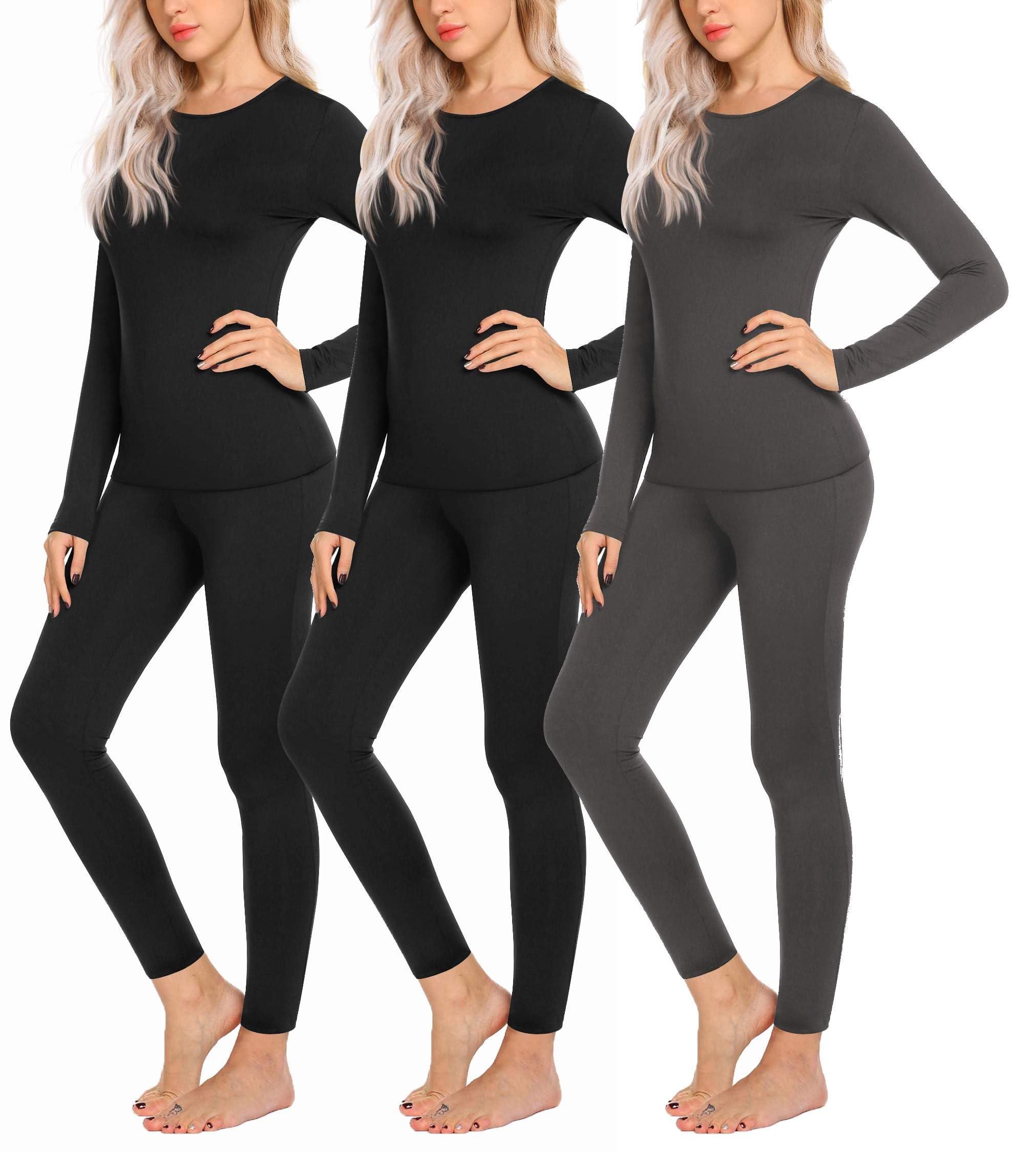Ekouaer 3 Sets Thermal Underwear for Women Long Johns Long Sleeve Base Layer for Cold Weather S-XXL