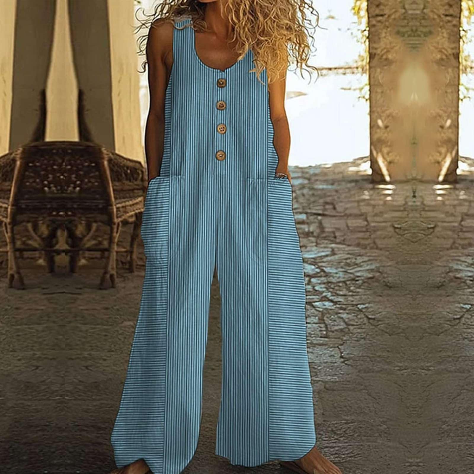Salopette Donna Estiva in Lino 2026 Tuta Intera Boho Chic Stampa Pantaloni Gamba Larga Jumpsuit Baggy Mare e Vacanza Vintage Curvy Taglie Forti con Tasche