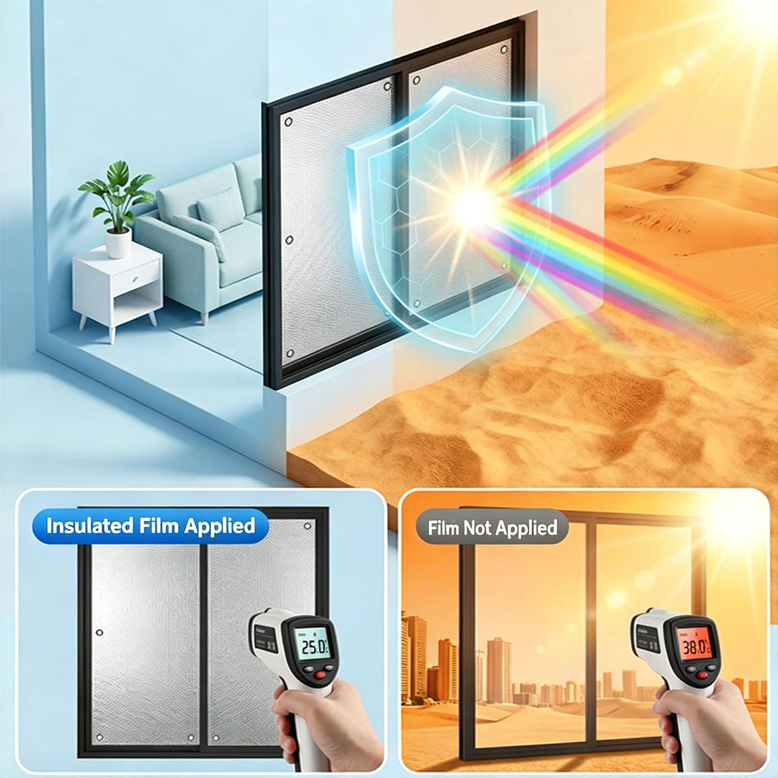 Película Reflectante para Ventanas, Película Opaca con Ventosas, Aislante Térmico para Ventanas, Protección Solar, Privacidad para Casa, Camper (B 40x150cm)