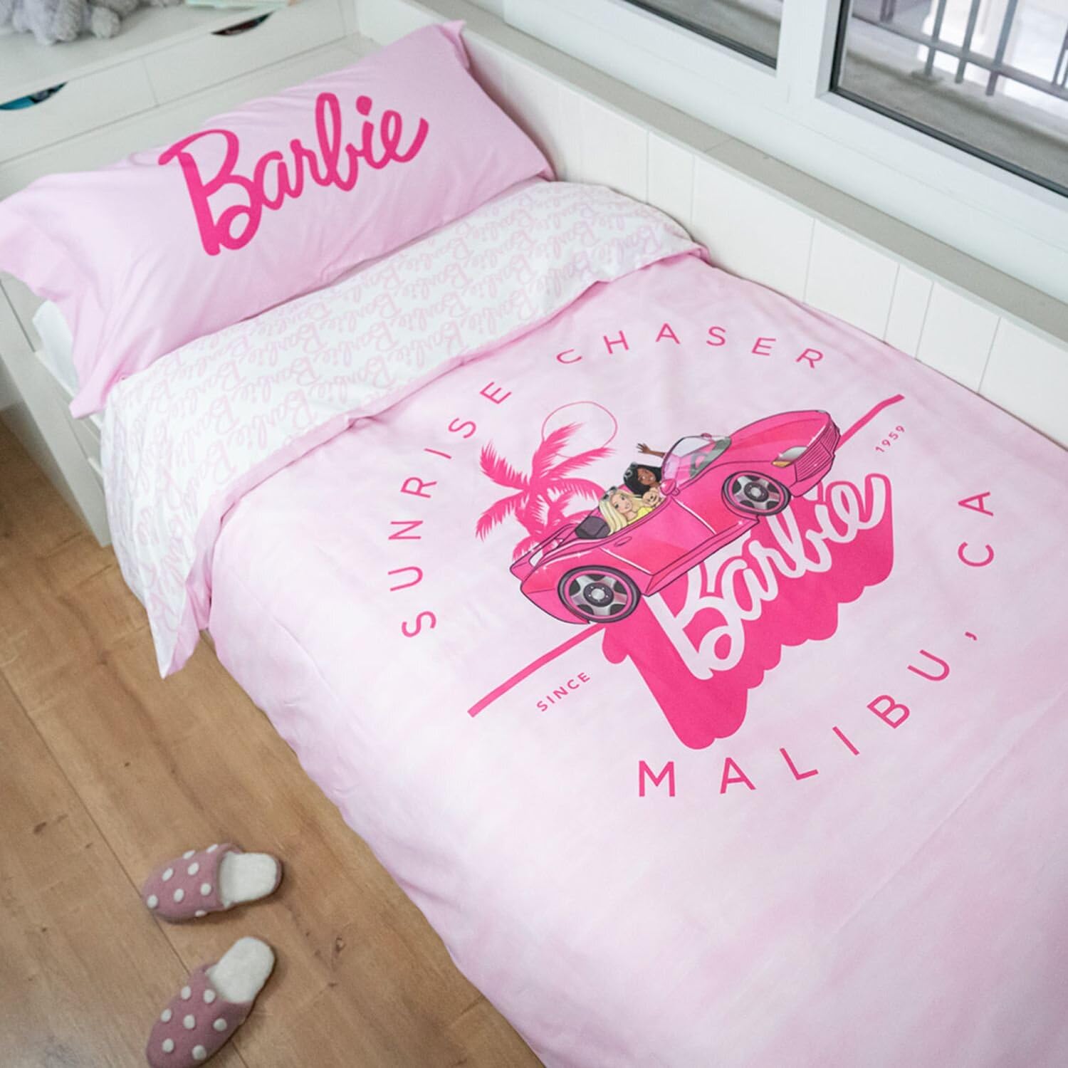 Burrito Blanco | Funda nórdica Barbie™ | Cama de 90cm. | Diseño Malibú 003 | Color Rosa | 100% Algodón