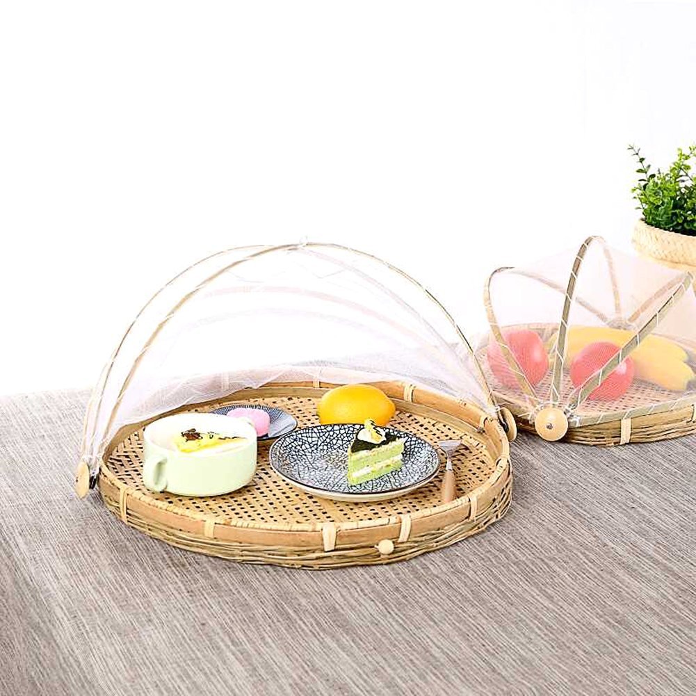 Cestino in bambù intrecciato a mano con copertura in rete, per coprire e servire il cibo, a prova di insetti, antipolvere, per pane, frutta e verdura, Bambù, Stile 3, Dia.30cm