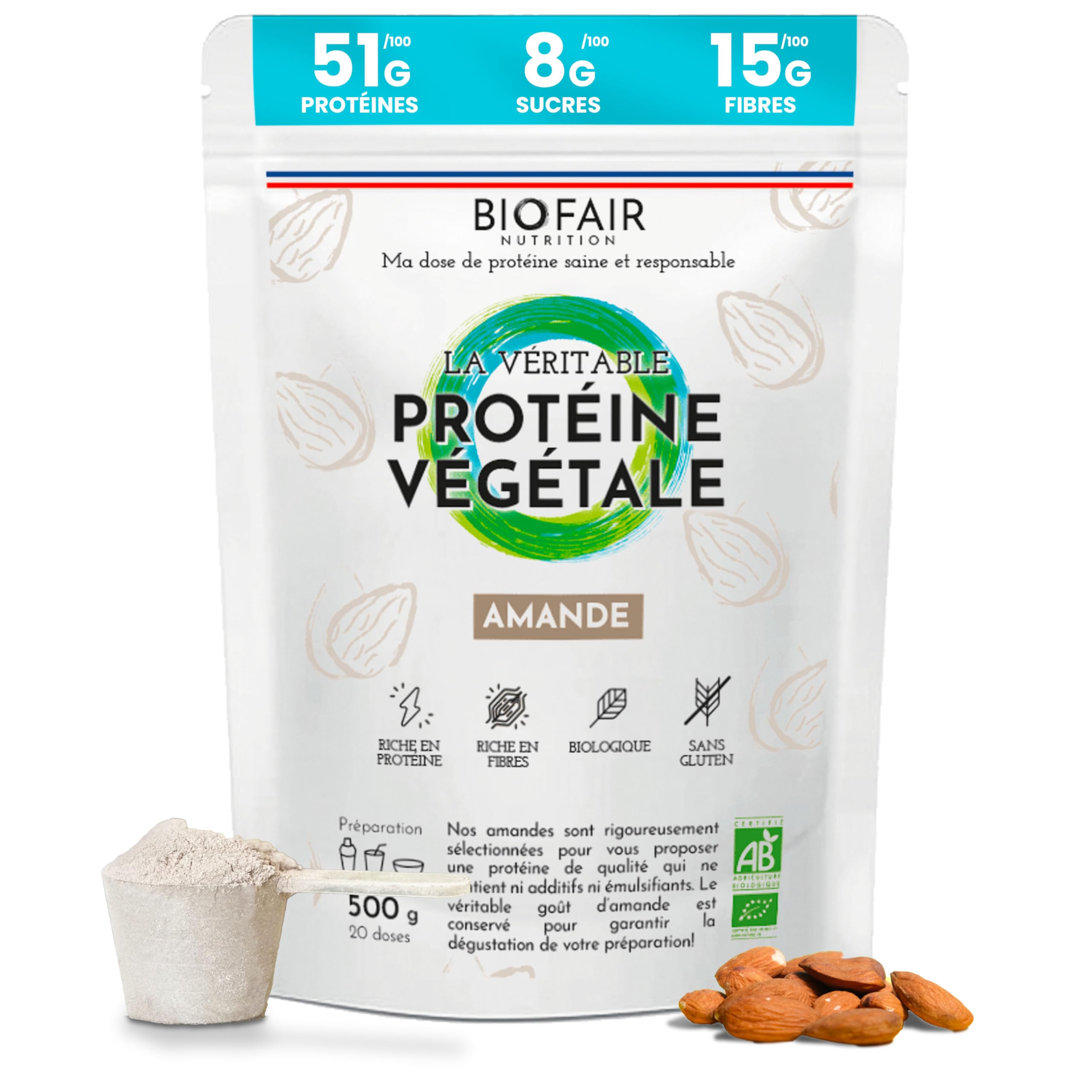 Protéine Vegan, Végétale et Bio - À Base d'Amande de Sicile - Saine, 100% Naturelle et Responsable - 20 Doses de 25 Gr - 500 Gr