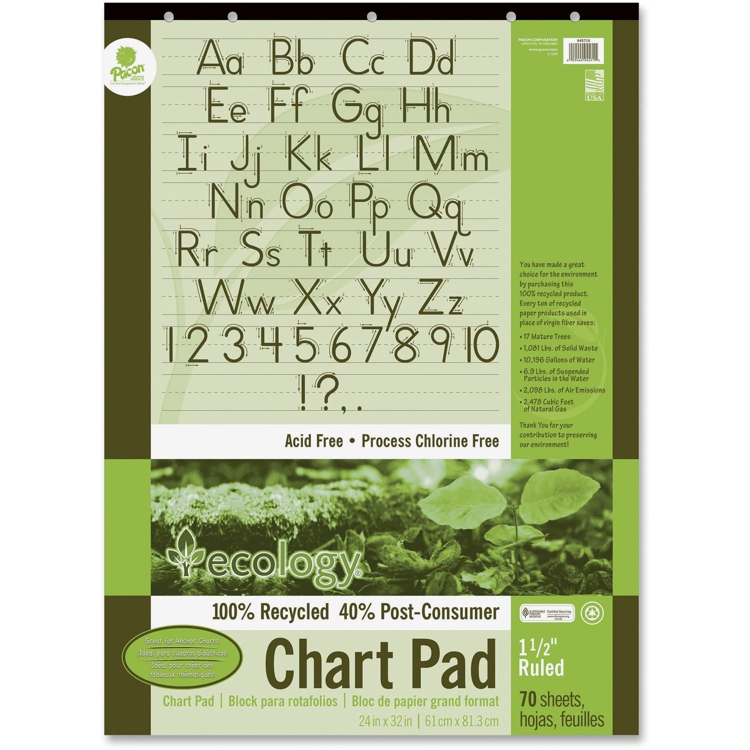 Ecology Recycled Chart Pad, 1-1/2 Inch Ruled, 32 x 24 Inches, 70 Sheets