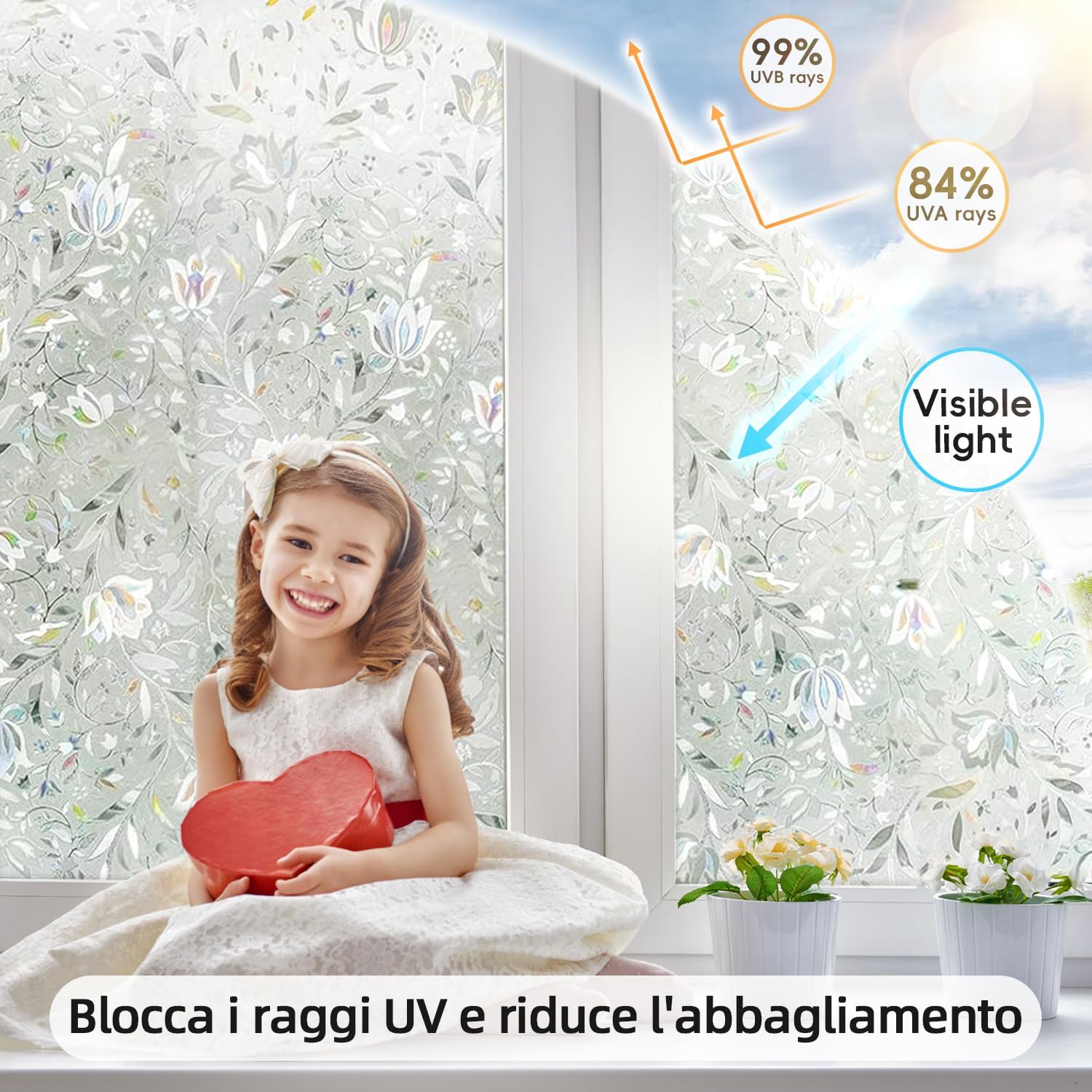 Pellicola Per Vetri 3D Fiori Bianca 60x100cm - Effetto Arcobaleno, Autoadesiva Elettrostatica Per Privacy E Anti UV - 4