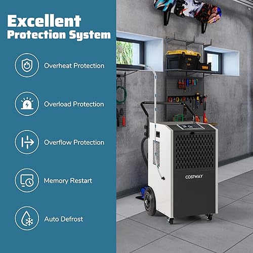 Miniatura 6 de COSTWAY Deshumidificador comercial de 154 pintas con bomba, deshumidificador grande industrial portátil de alta resistencia con mangueras de drenaje