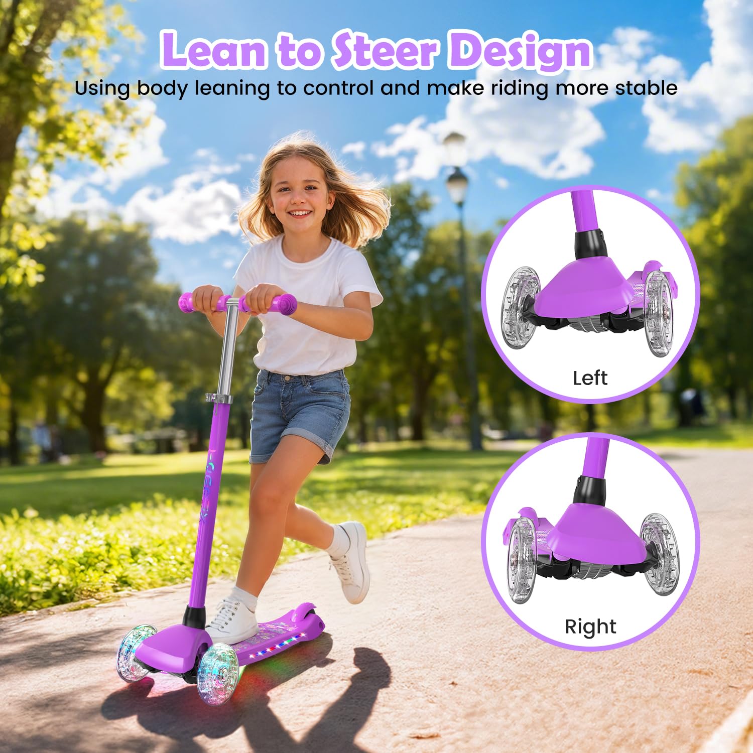 TONBUX Foldable 3 Wheel Scooter for Kids,Age 3-8 Kick Scooter with Adjustable Height Handlebars (65-80 cm) ,Extra-Wide & Non-Slip Deck,Light Up Wheels&Lean to Steer Scooter for Toddlers Girls Boys - Image 5