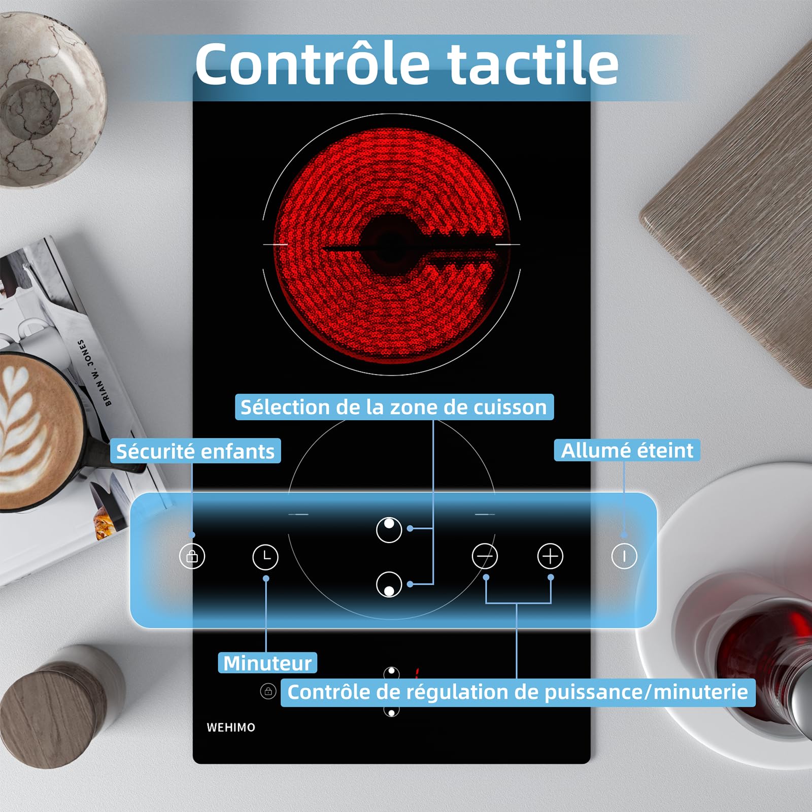 Plaque Vitrocéramique 2 Feux, WEHIMO Plaque de Cuisson Electrique 3000W, Commande Tactile, Minuteur, Compatible Tous Poêlons, 29cm