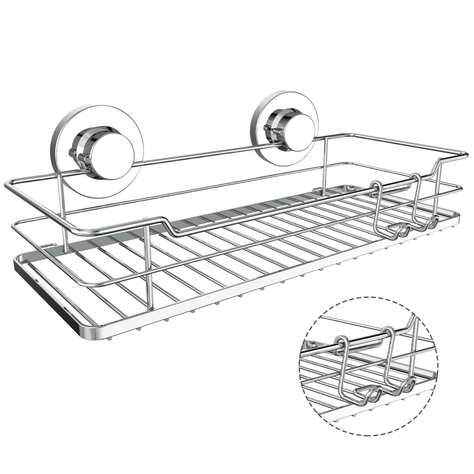 Poywaze Suction Cup Shower Caddy, Bathroom Organiser with Hooks, Stainless Steel Basket, Silver Tray, No Drilling Shelf for Kitchen Storage — image 1