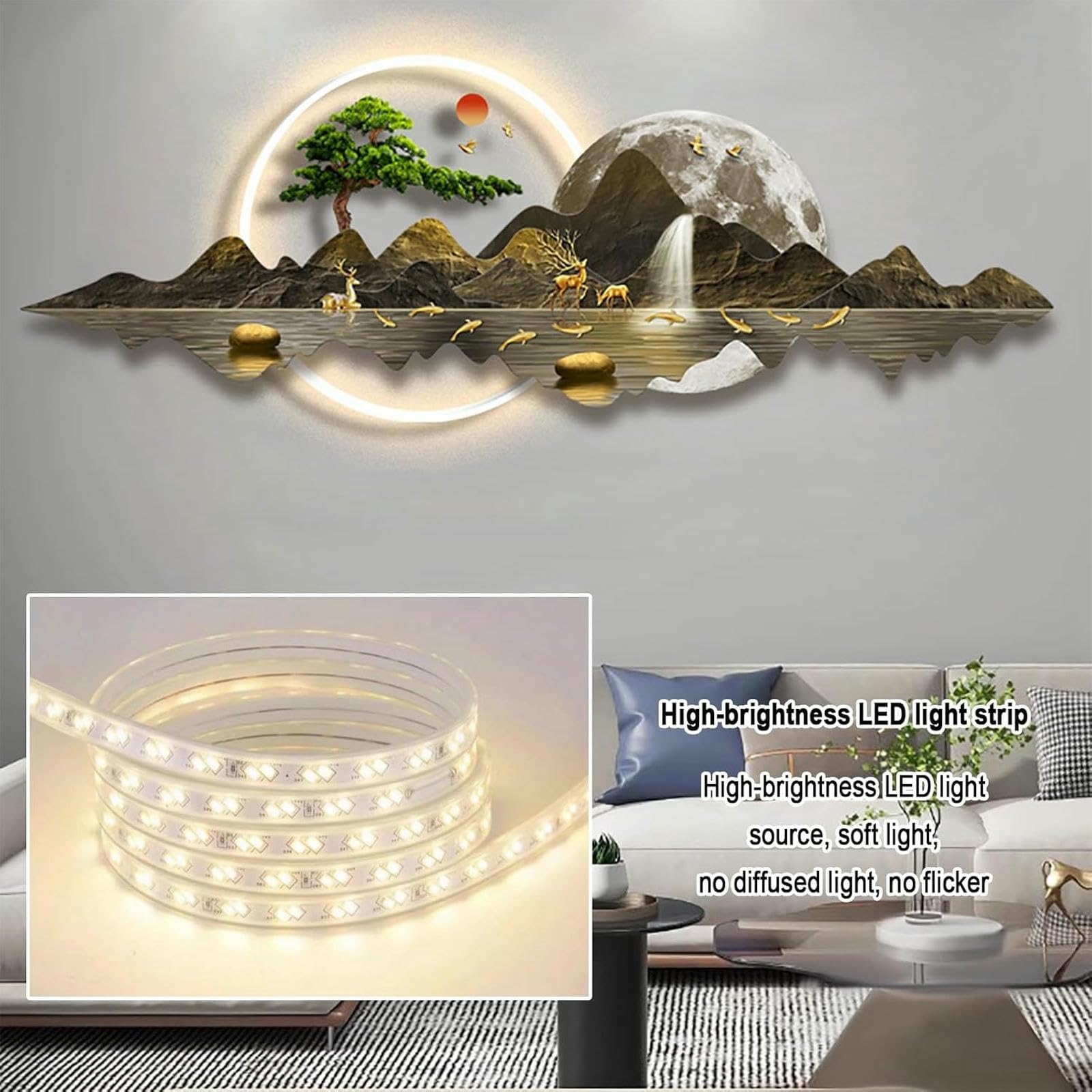 Dekoratives Gemälde mit LED-Licht, 3D-Wandkunst, Dekoration für Schlafzimmer, Wohnzimmer, moderne Heimdekoration