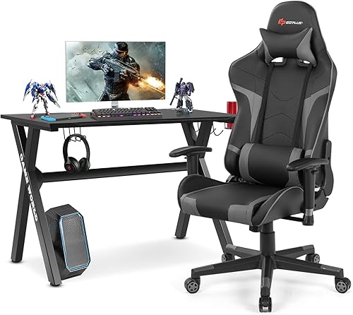 Goplus Juego combinado de escritorio y silla para juegos, estilo carreras en forma de X para jugadores de E-Sport y silla de computadora de PVC con