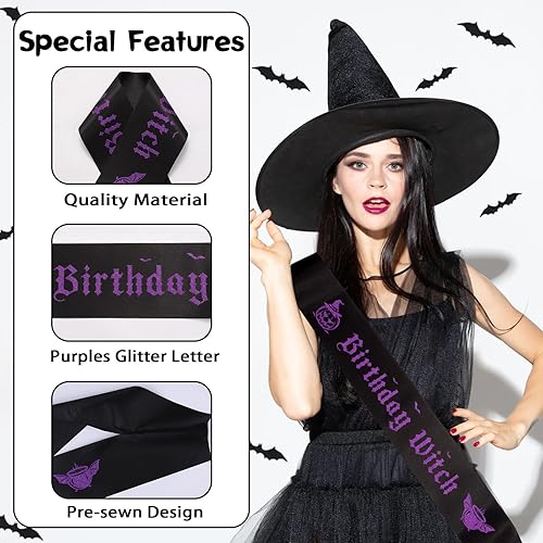 Miniatura 3 de Serencatcher Banda de bruja de cumpleaños, banda de fiesta de cumpleaños de bruja para niñas y mujeres, banda negra con purpurina morada, banda de