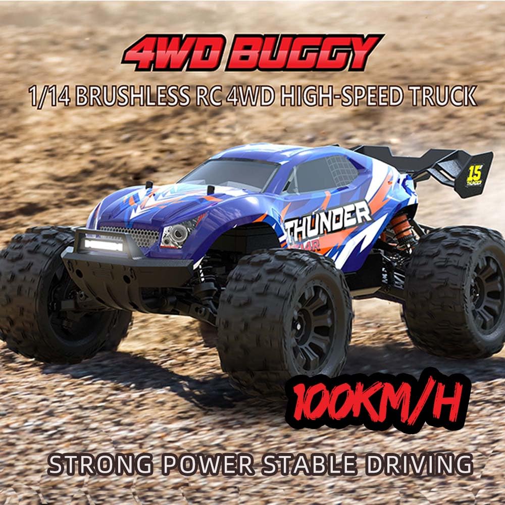 Coche teledirigido de 100 km/h, motor sin escobillas, 1:14 de alta velocidad, camión monstruo todoterreno para adultos, 4WD All Terrain RC Auto, 3 pilas (azul)