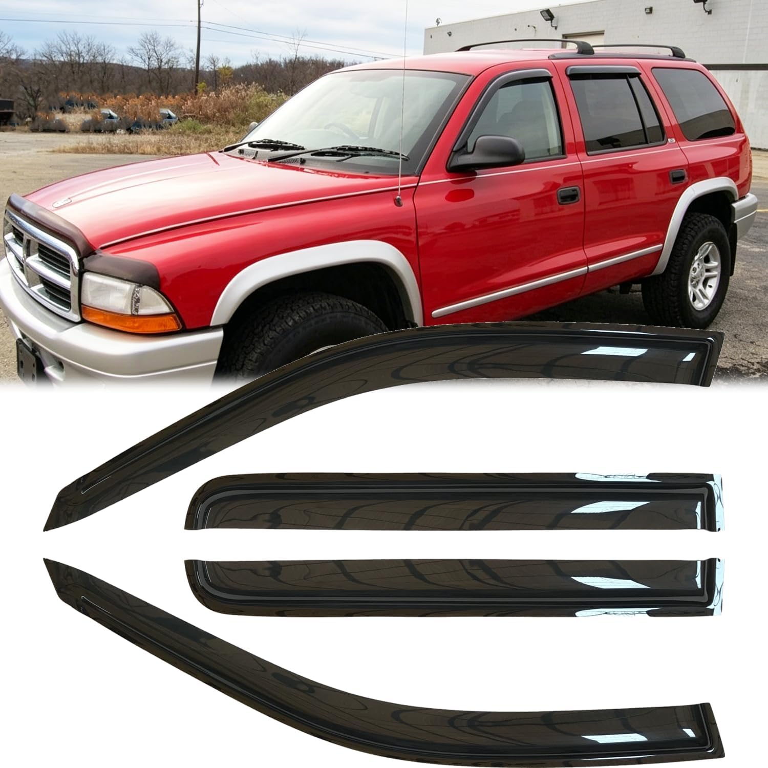 4pcs original shatterproof rainproof side window wind deflectors for dodge 98-03 durango,tape-on rain guard sets,window visor for cars,vent deflector for 00-04 dakota crew(quad) 94119