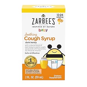 Zarbee's Baby Soothing Honey Cough Syrup for Babies 12-24 Months, Safe & Effective Cough Syrup with Soothing Dark Honey for Occasional Coughs, Drug & Alcohol-Free, Peach & Honey, 2 fl. oz