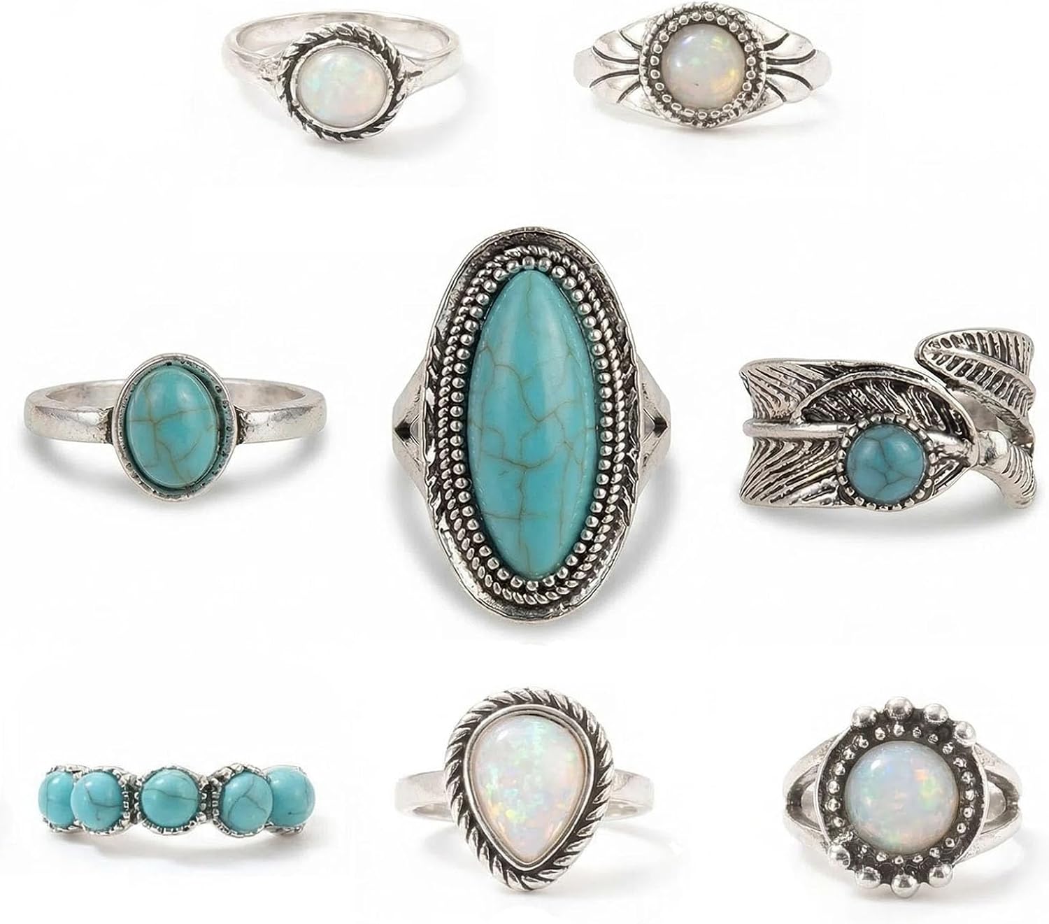 Airvess Vintage Knuckle Rings Set, Chunky Turquoise Stackable Rings, Silver Joint Finger Stacking Rings, Bohemian Western Jewelry for Women