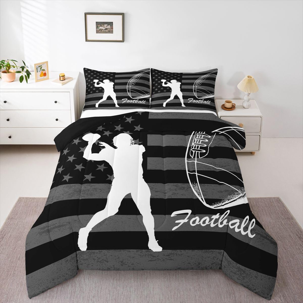 Feelyou Football Player Comforter Set King Size American Flag Bedding Set for Kids Boys Girls Rugby Gaming Sports Duvet Quilt Bedroom Decor Microfiber 3 Pcs with 2 Pillow Cases