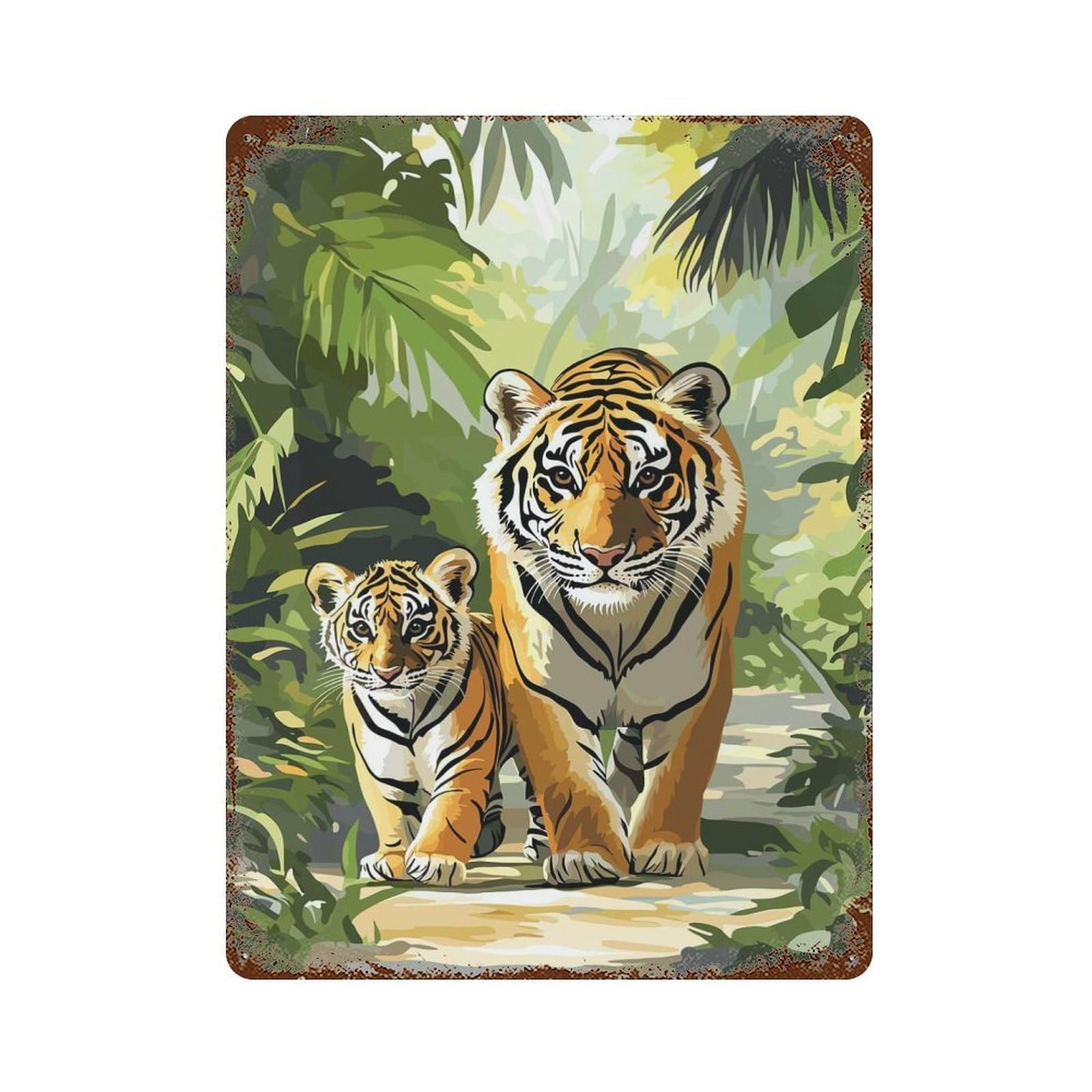 Tiger Family in Jungle Weathered Tin Sign 15.7"x11.8", Decorative Metal Wall Art for Garage, Bar And Workshop Decor